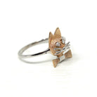 Vintage Cat Ring - Retro 14k Yellow & White Gold Feline Conversion Dainty Band - Circa 1960s Era Size 7 Animal Two Tone Diamond Fine Jewelry