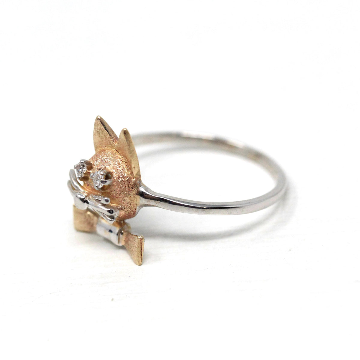 Vintage Cat Ring - Retro 14k Yellow & White Gold Feline Conversion Dainty Band - Circa 1960s Era Size 7 Animal Two Tone Diamond Fine Jewelry