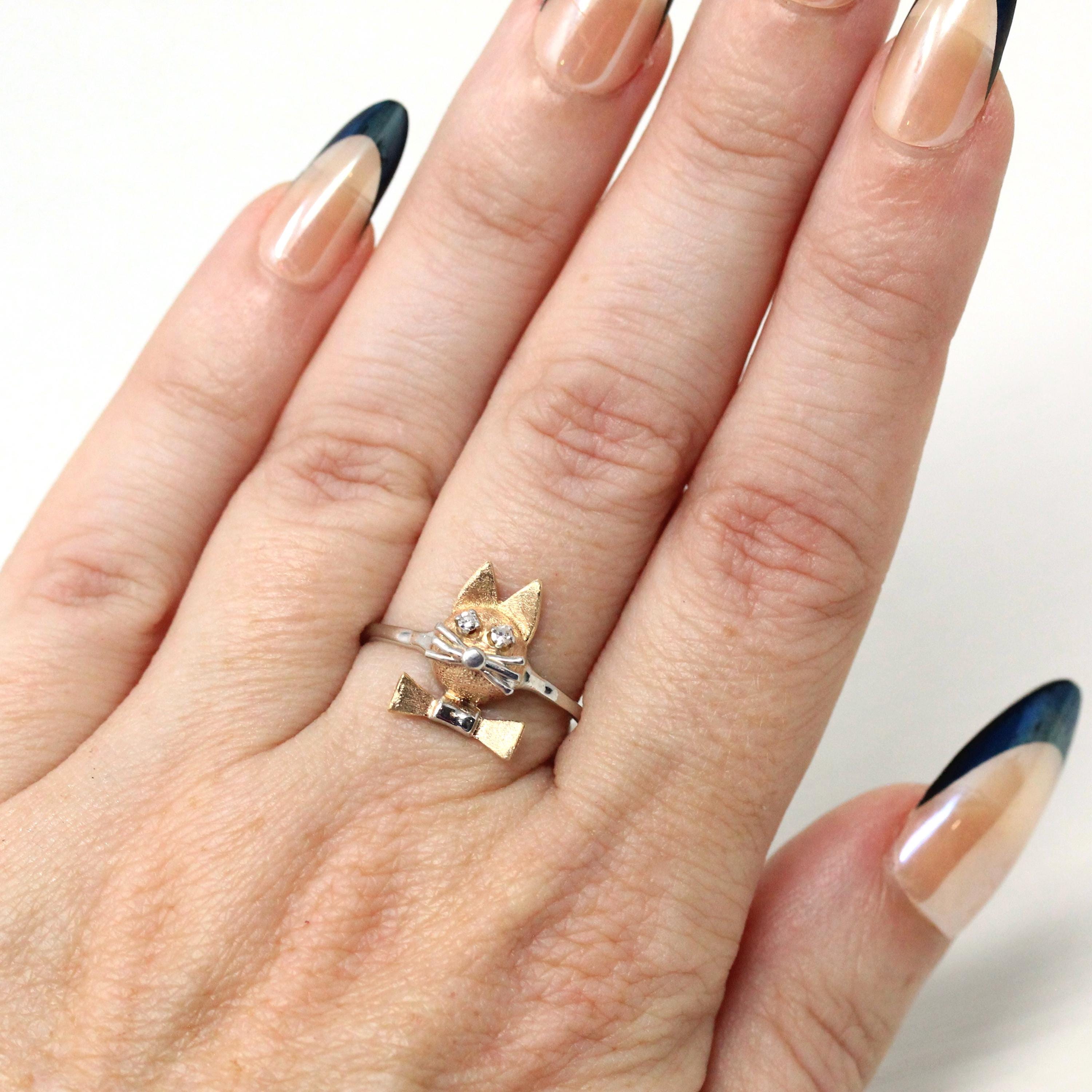 Vintage Cat Ring - Retro 14k Yellow & White Gold Feline Conversion Dainty Band - Circa 1960s Era Size 7 Animal Two Tone Diamond Fine Jewelry