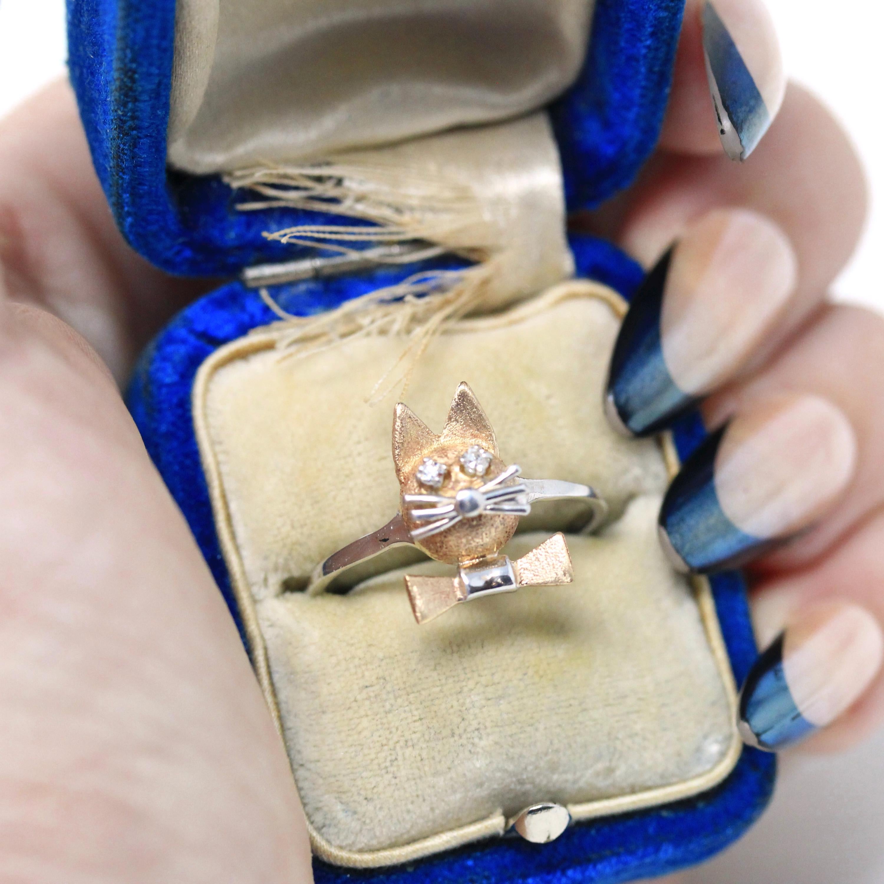 Vintage Cat Ring - Retro 14k Yellow & White Gold Feline Conversion Dainty Band - Circa 1960s Era Size 7 Animal Two Tone Diamond Fine Jewelry