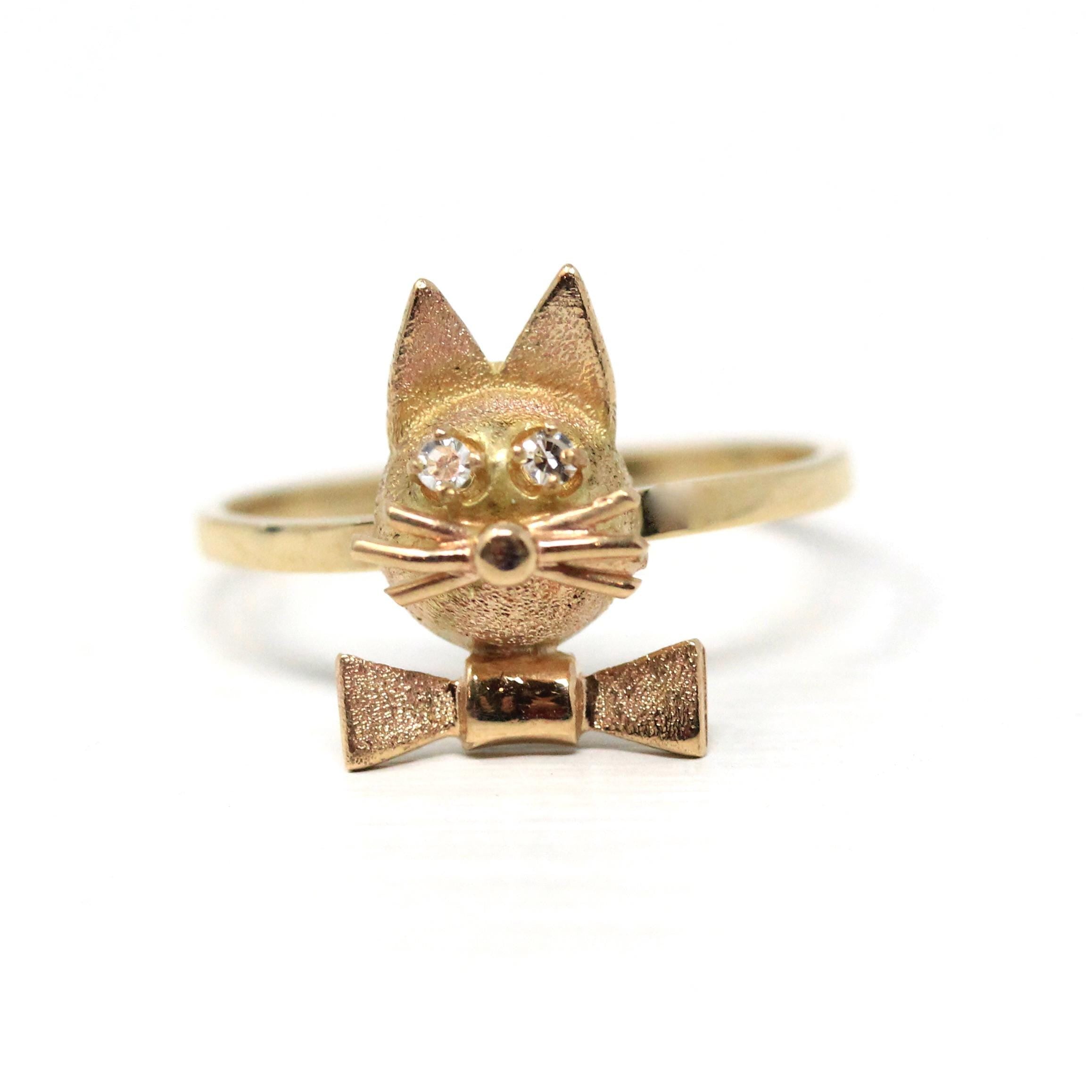 Vintage Cat Ring - Retro 14k Yellow Gold Feline Conversion Dainty Band - Circa 1960s Era Size 6 3/4 Animal Statement Diamond Fine Jewelry