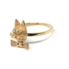 Vintage Cat Ring - Retro 14k Yellow Gold Feline Conversion Dainty Band - Circa 1960s Era Size 6 3/4 Animal Statement Diamond Fine Jewelry