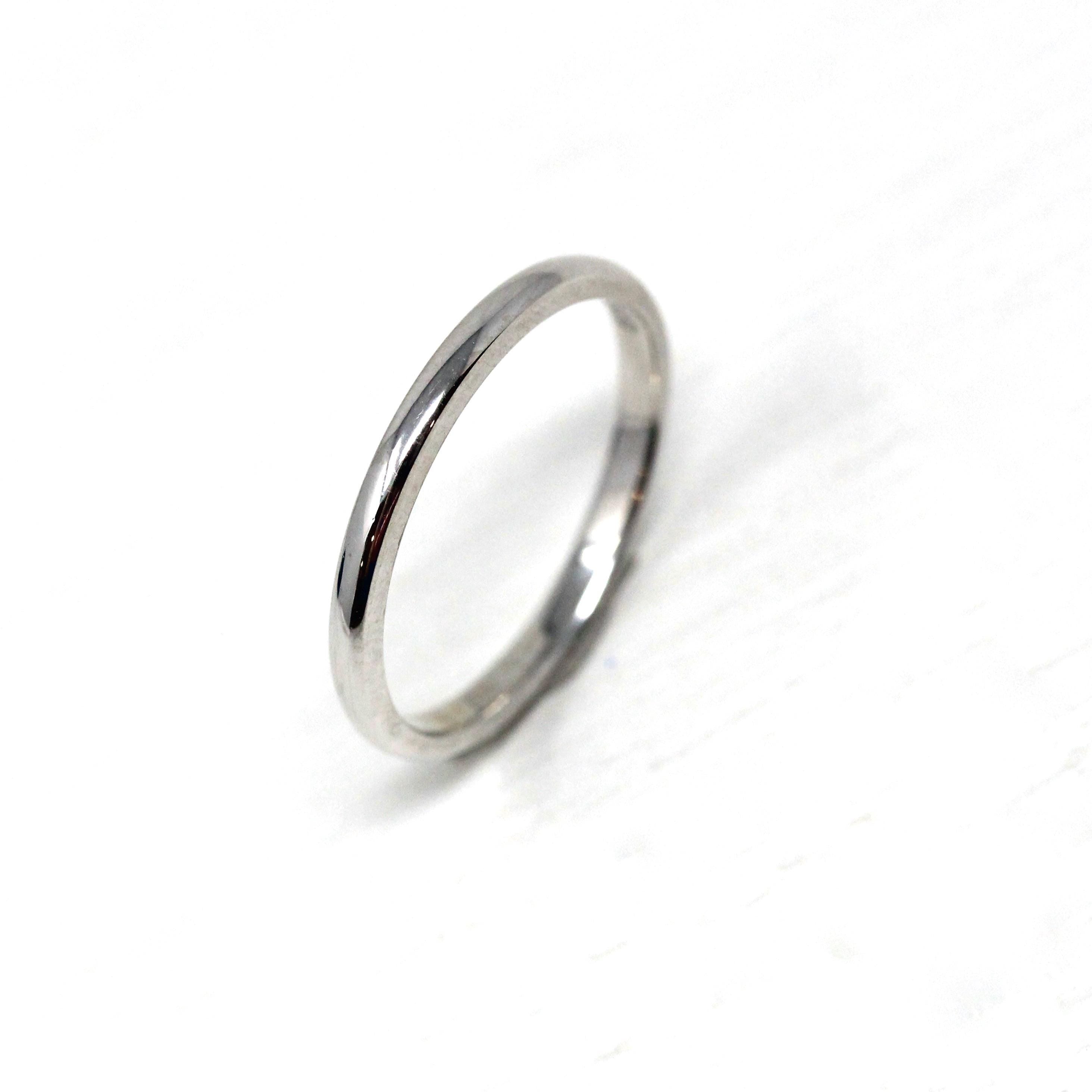 Vintage Wedding Band - Mid Century 14k White Gold Plain Stacking Ring - Circa 50s Size 7 1/2 Signed Art Carved JR Wood Bridal Fine Jewelry