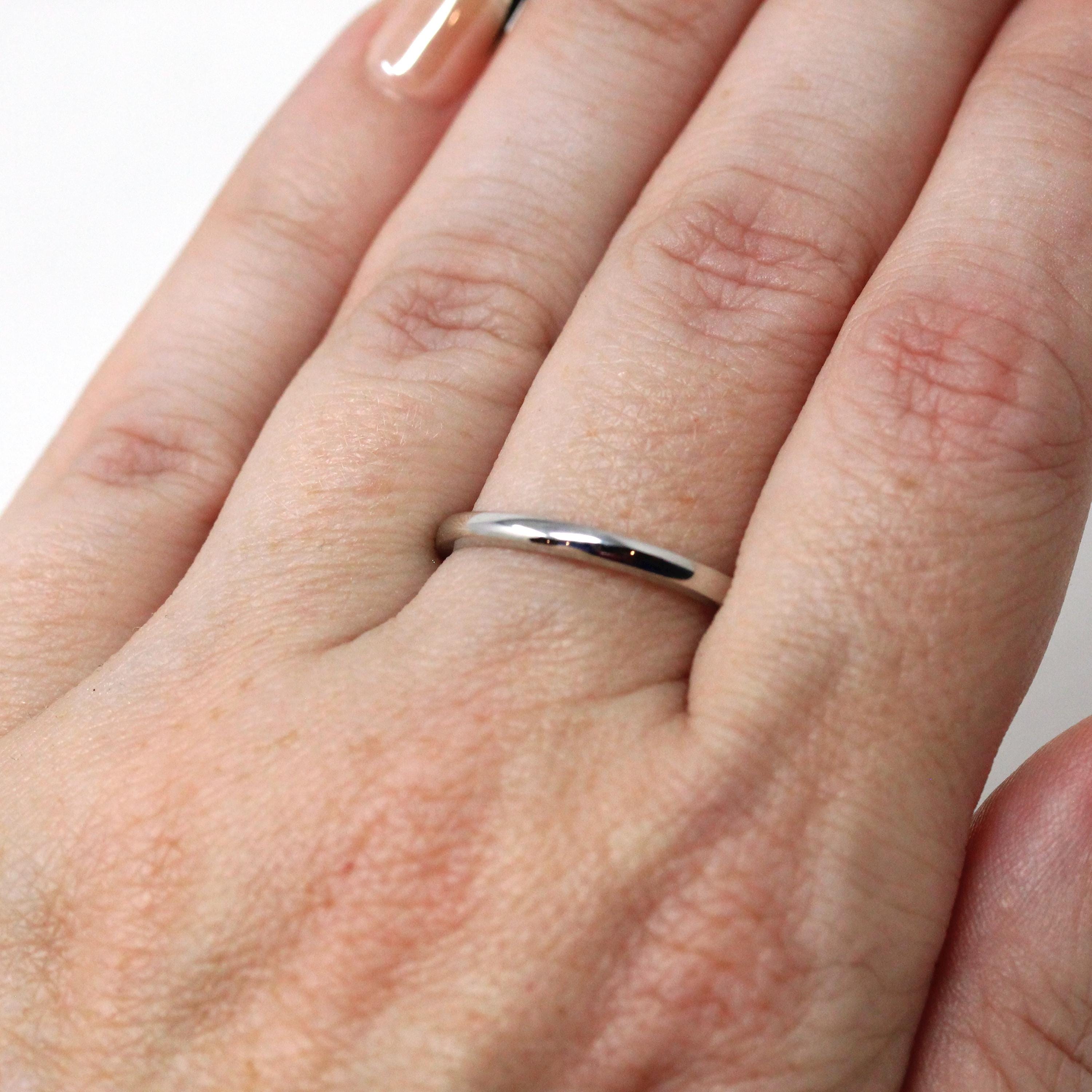 Vintage Wedding Band - Mid Century 14k White Gold Plain Stacking Ring - Circa 50s Size 7 1/2 Signed Art Carved JR Wood Bridal Fine Jewelry