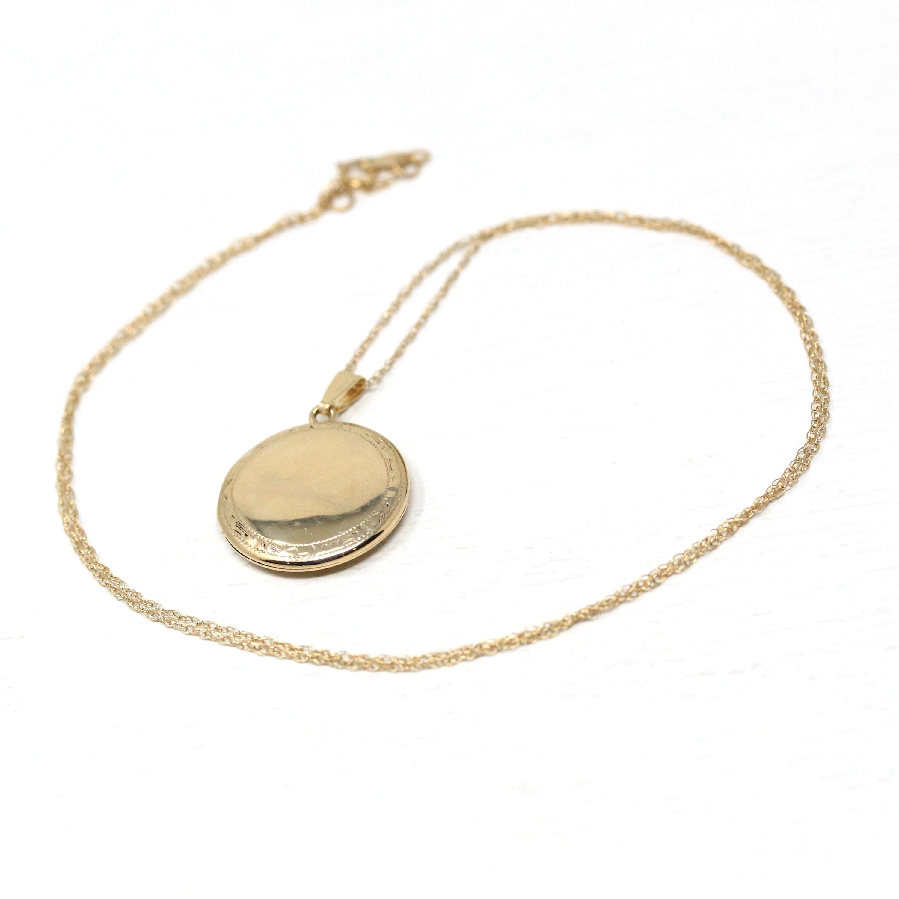 Vintage Round Locket - Retro 10k Yellow Gold Floral Pendant Charm - Circa 1940s Era Engraved Keepsake Original Photographs Fine 40s Jewelry