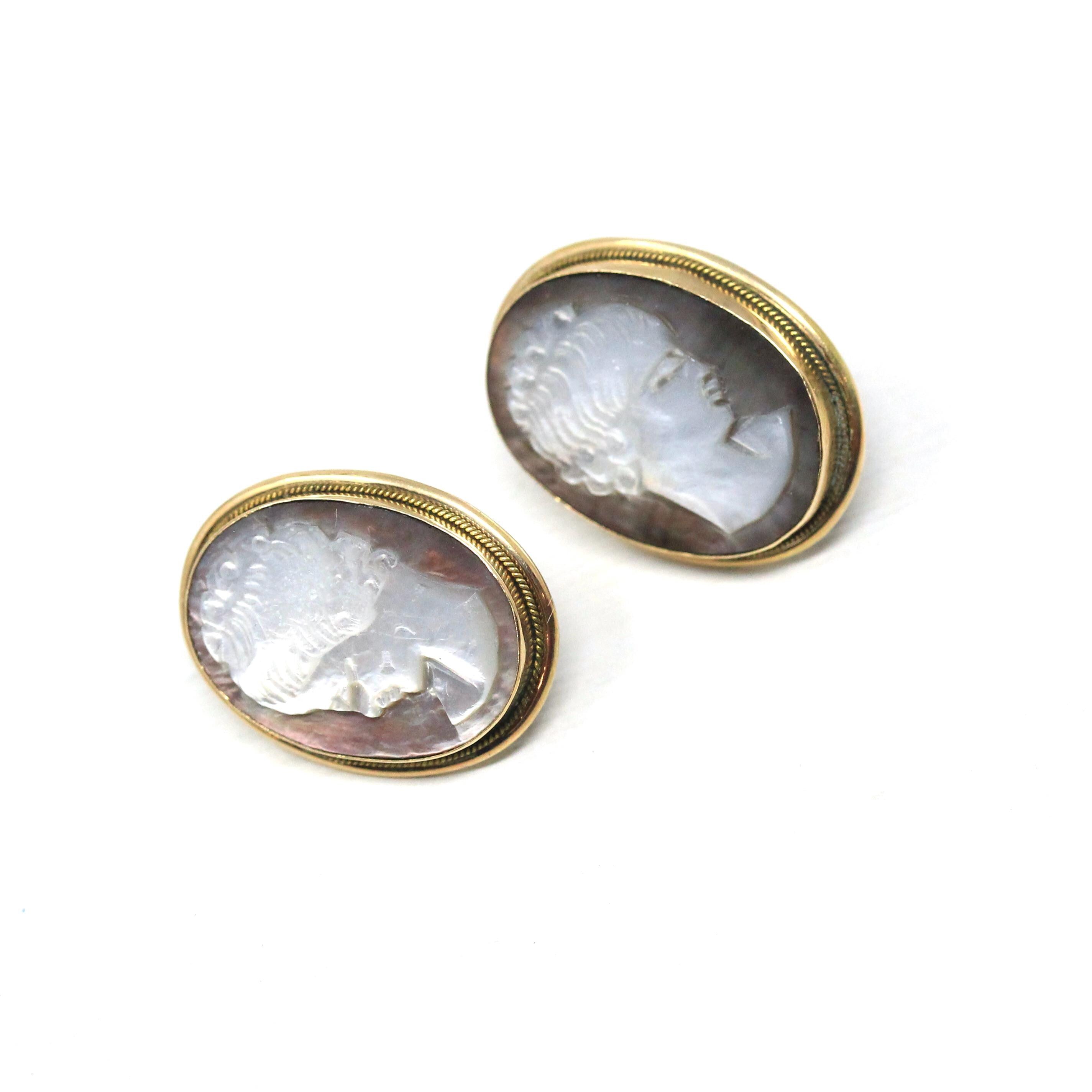 Vintage Cameo Earrings - Retro Era 14k Yellow Gold Carved Gray Mother Of Pearl - Circa 1980s Italian Bezel Set Ladies Portrait Post Earrings