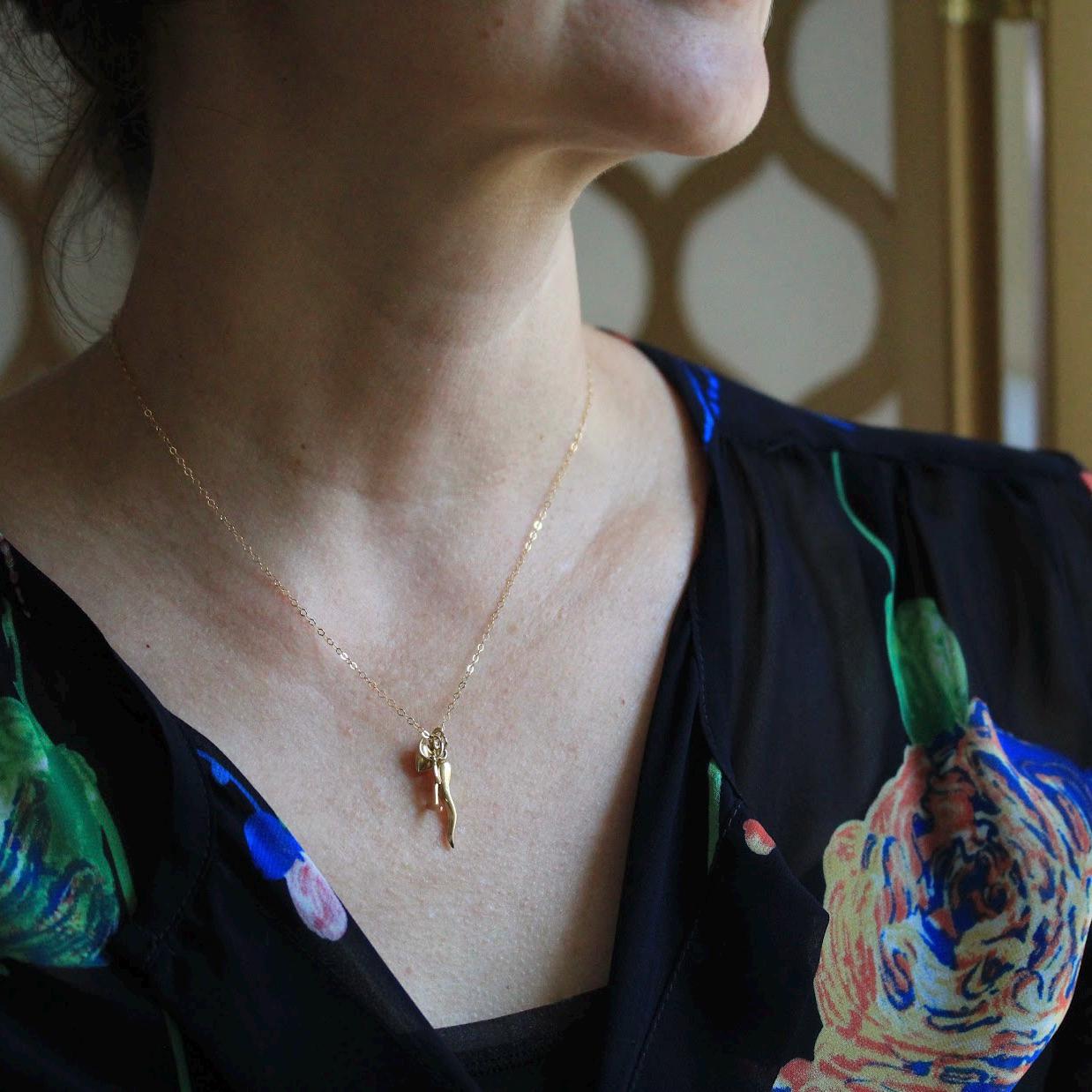 Vintage Charm Necklace - Retro 14k Yellow Gold Cornicello Number 1 Heart Pendants Trio - Circa 1990s Era Personal Fine Italian Horn Jewelry