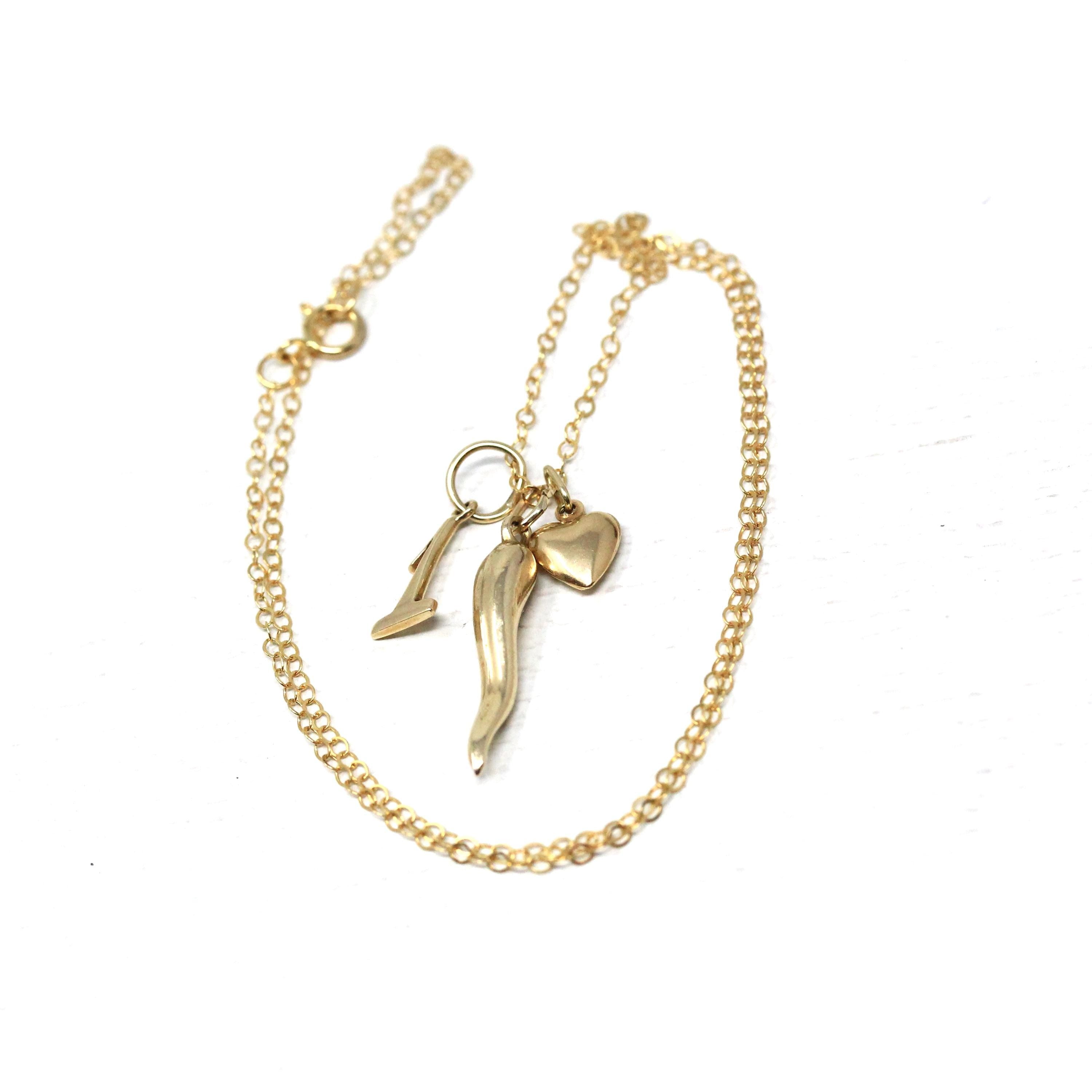 Vintage Charm Necklace - Retro 14k Yellow Gold Cornicello Number 1 Heart Pendants Trio - Circa 1990s Era Personal Fine Italian Horn Jewelry