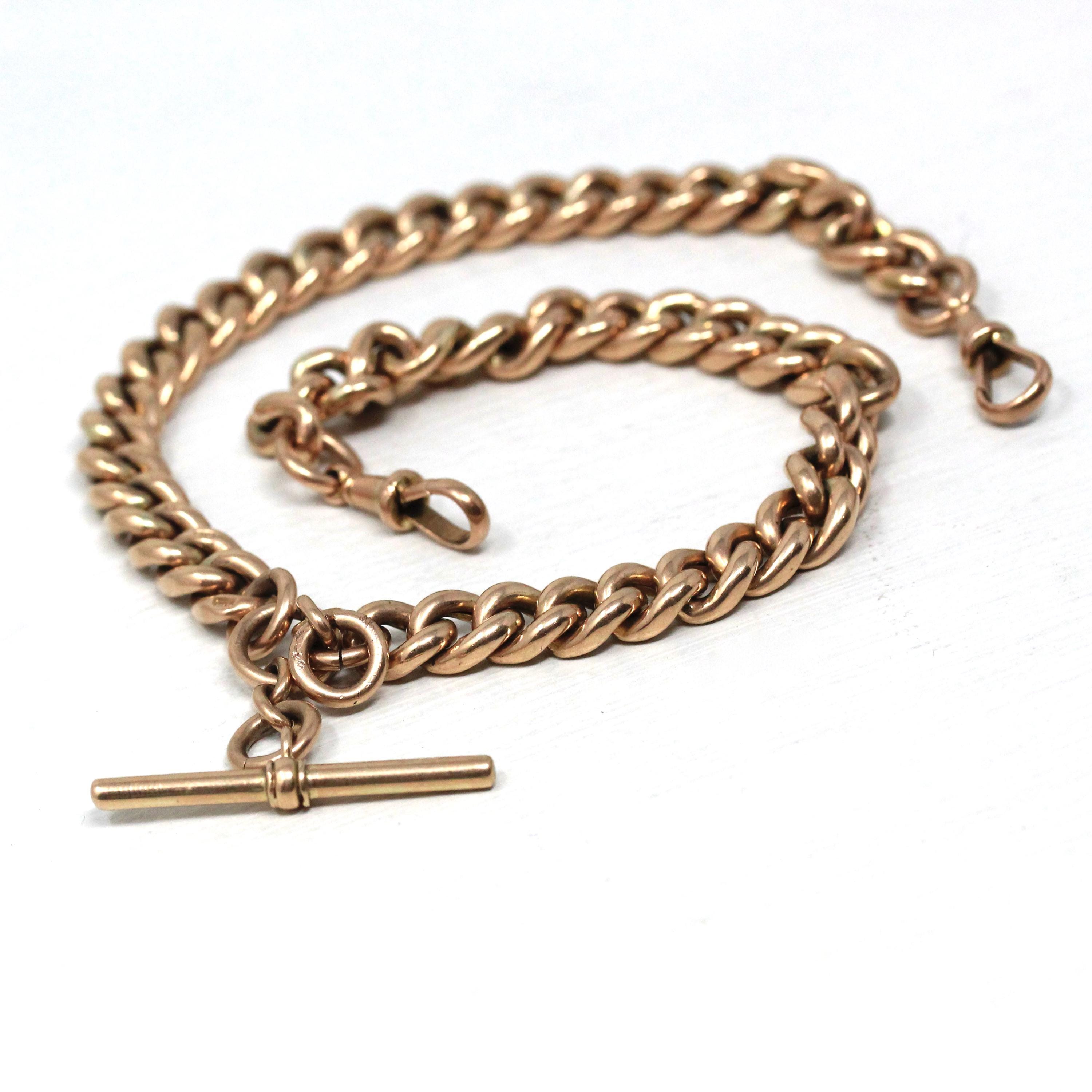 Pocket Watch Chain Necklace - Antique 9ct Rosy Yellow Gold T Bar Spring Ring Swivel Clip Choker - Edwardian Circa 1910s Chunky Fine Jewelry