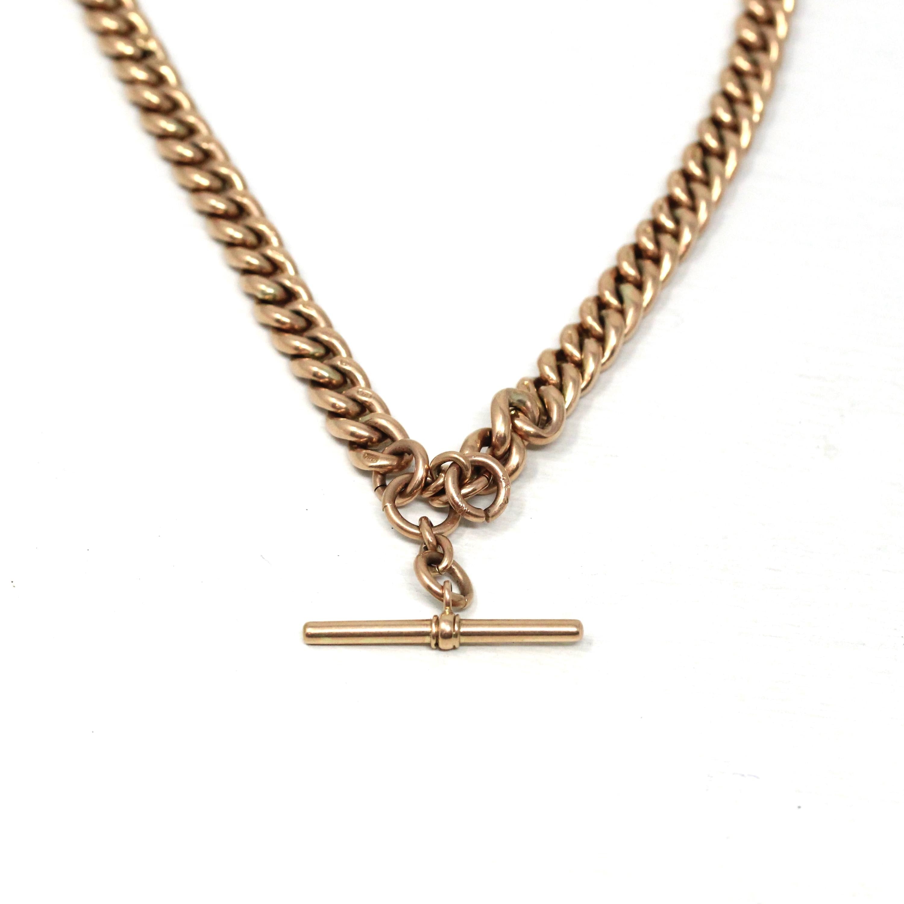 Pocket Watch Chain Necklace - Antique 9ct Rosy Yellow Gold T Bar Spring Ring Swivel Clip Choker - Edwardian Circa 1910s Chunky Fine Jewelry