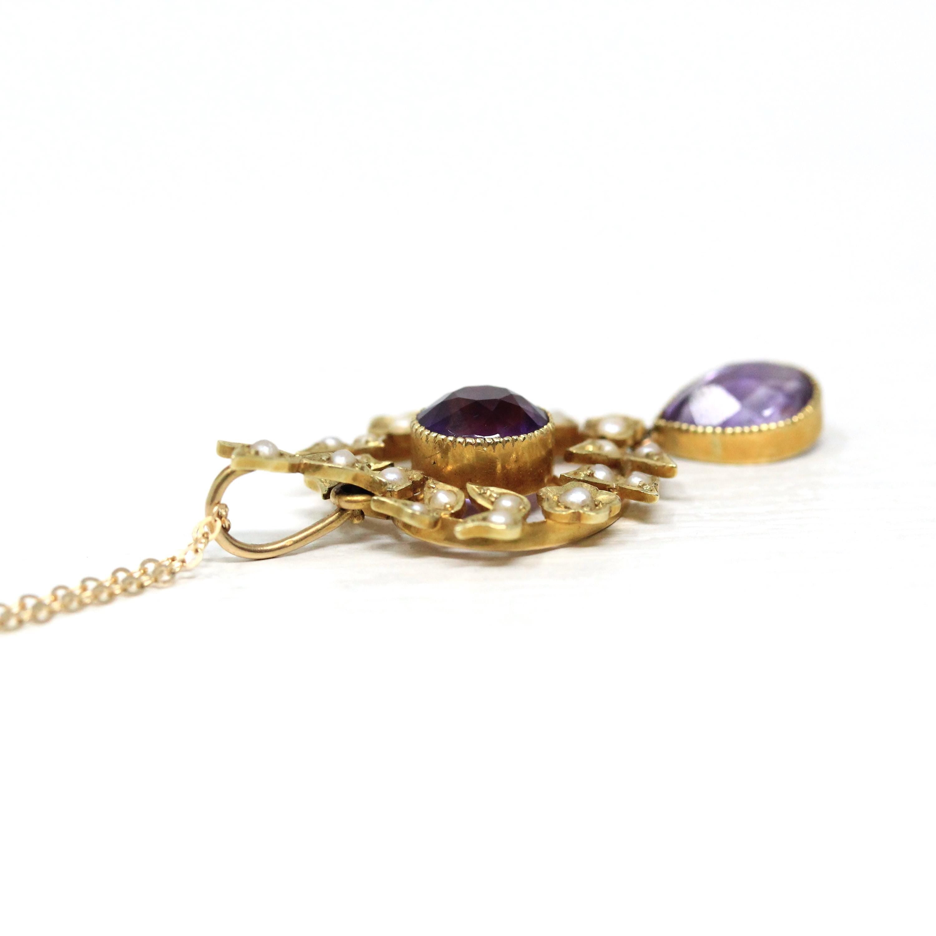 Antique Lavalier Necklace - Edwardian 15ct Gold Purple Amethyst Gemstones Pendant - Vintage Circa 1900s Seed Pearls Leaf Wreath Fine Jewelry