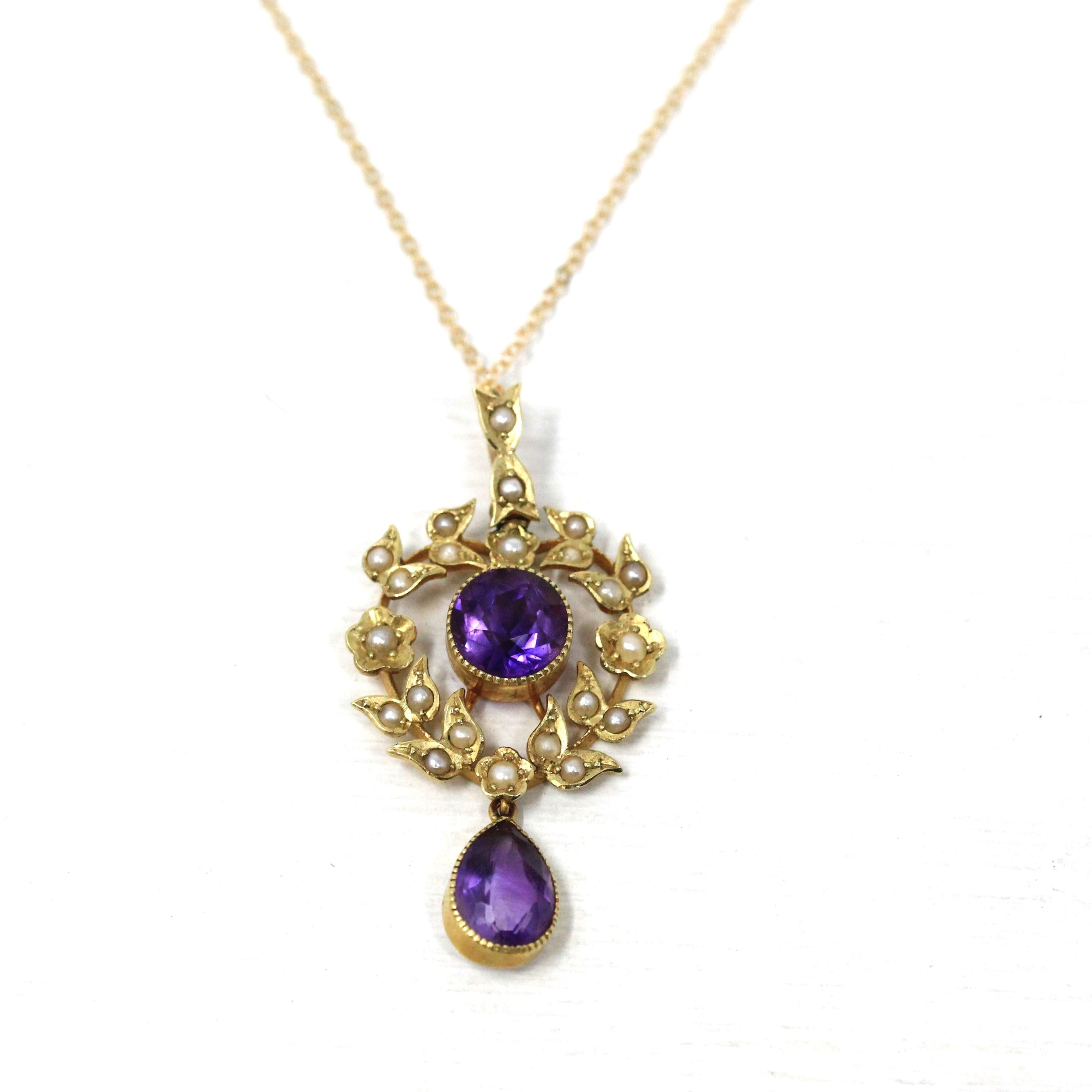 Antique Lavalier Necklace - Edwardian 15ct Gold Purple Amethyst Gemstones Pendant - Vintage Circa 1900s Seed Pearls Leaf Wreath Fine Jewelry