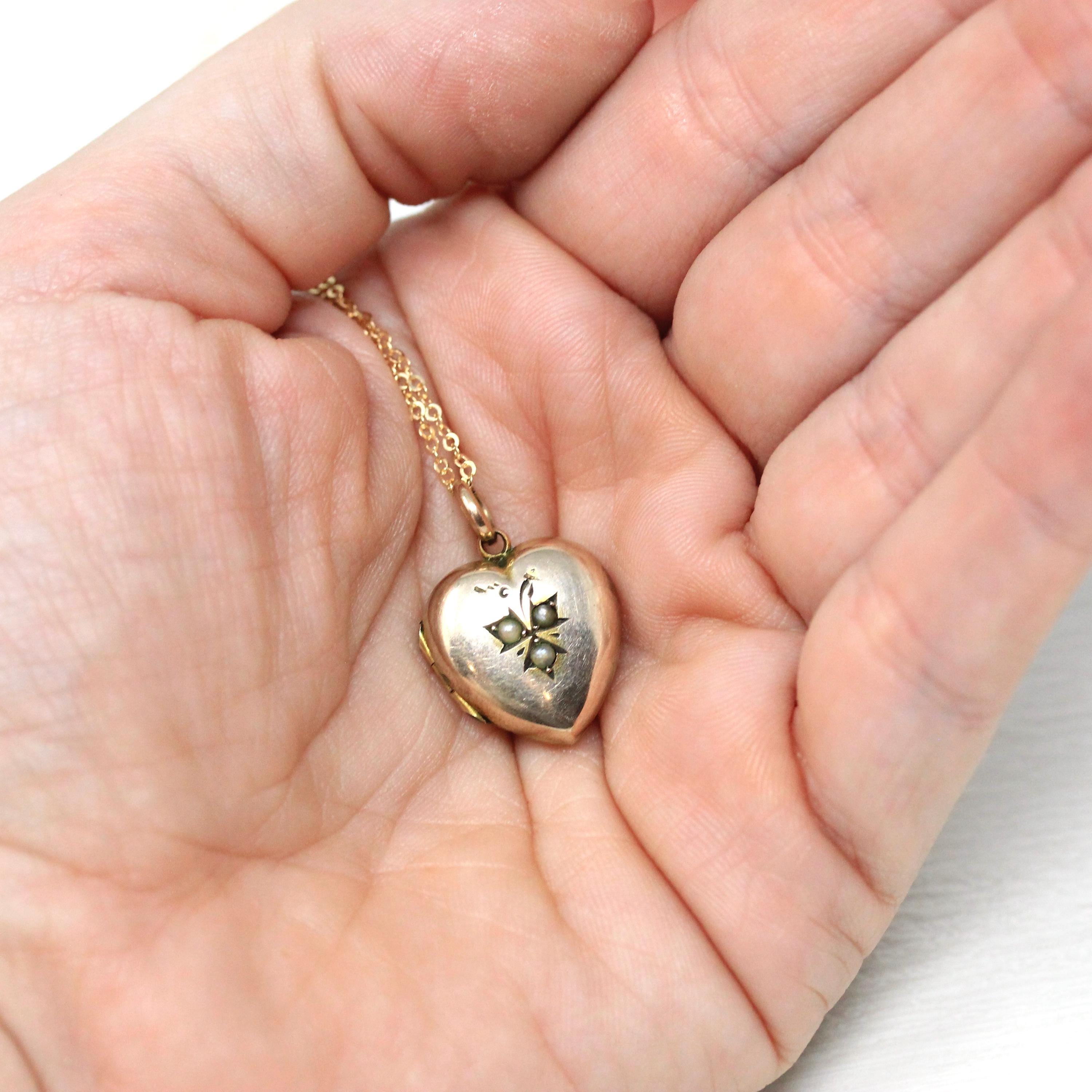 Antique Heart Locket - Edwardian 9k Rosy Yellow Gold Seed Pearl Leaf Pendant Necklace - Circa 1910s Era Keepsake Photograph Photo Jewelry