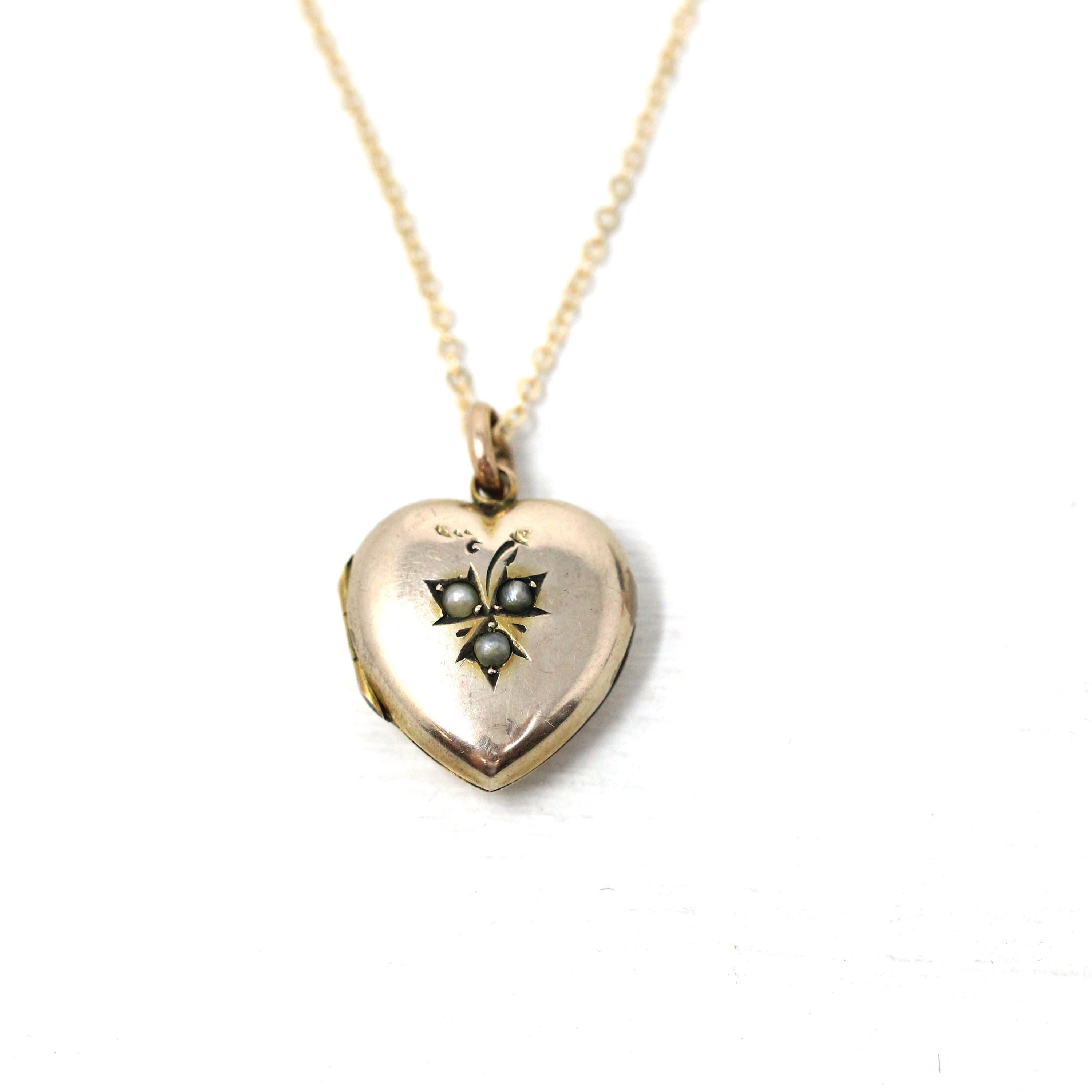 Antique Heart Locket - Edwardian 9k Rosy Yellow Gold Seed Pearl Leaf Pendant Necklace - Circa 1910s Era Keepsake Photograph Photo Jewelry