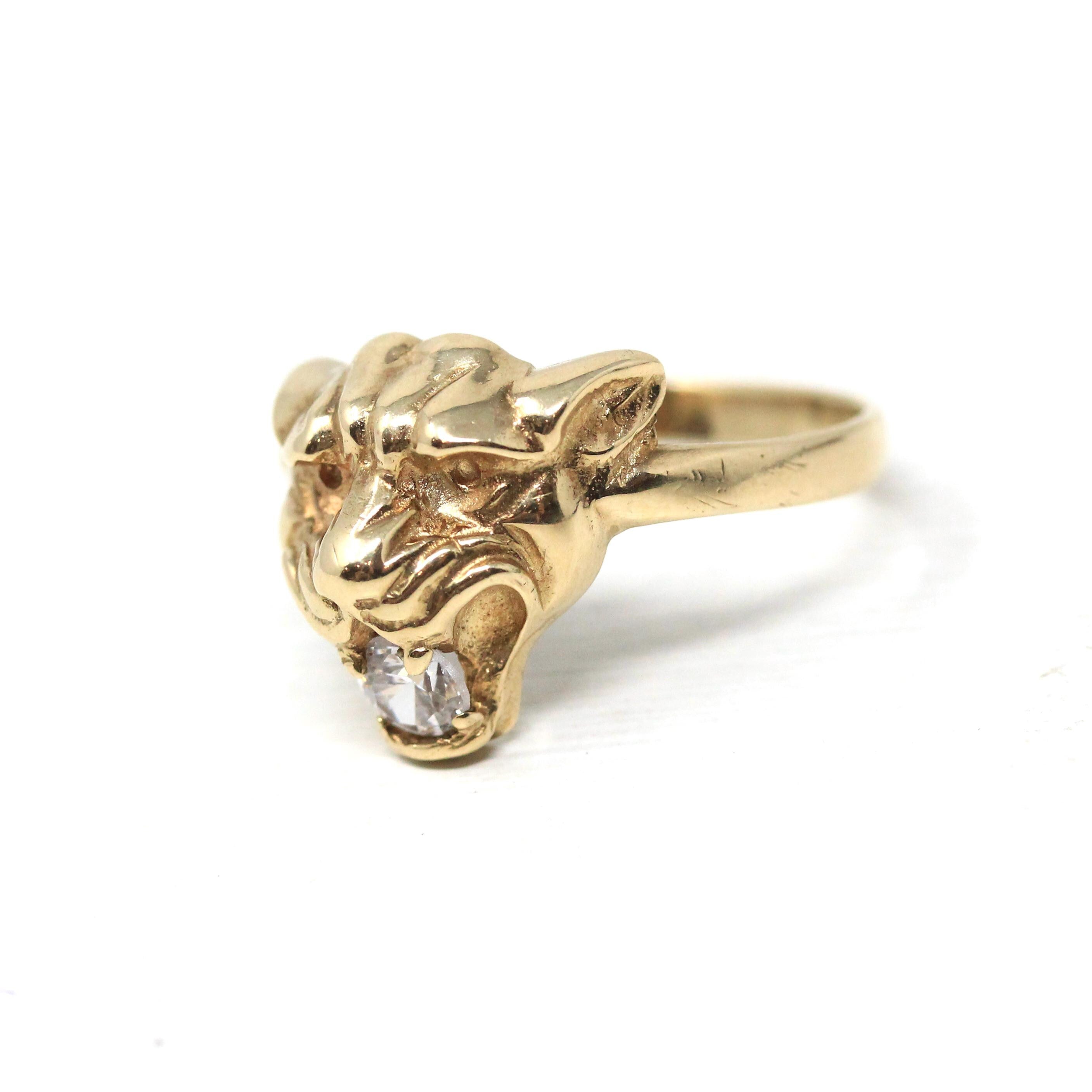 Modern Lion Ring - Estate 9k Yellow Gold Cubic Zirconia London England Statement - Hallmarked 1990 Size 9 Wild Animal Feline CZ Fine Jewelry