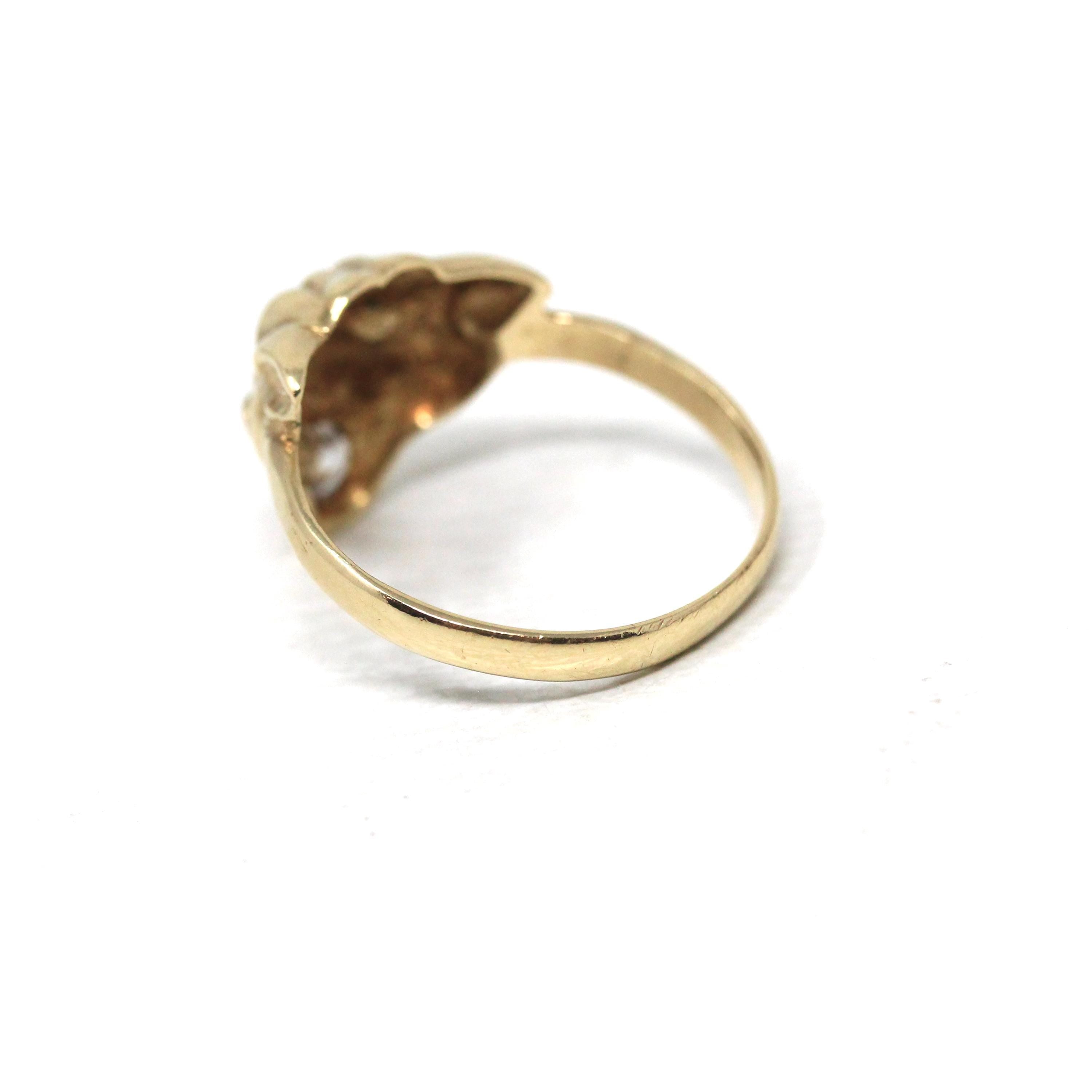 Modern Lion Ring - Estate 9k Yellow Gold Cubic Zirconia London England Statement - Hallmarked 1990 Size 9 Wild Animal Feline CZ Fine Jewelry