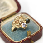 Modern Lion Ring - Estate 9k Yellow Gold Cubic Zirconia London England Statement - Hallmarked 1990 Size 9 Wild Animal Feline CZ Fine Jewelry