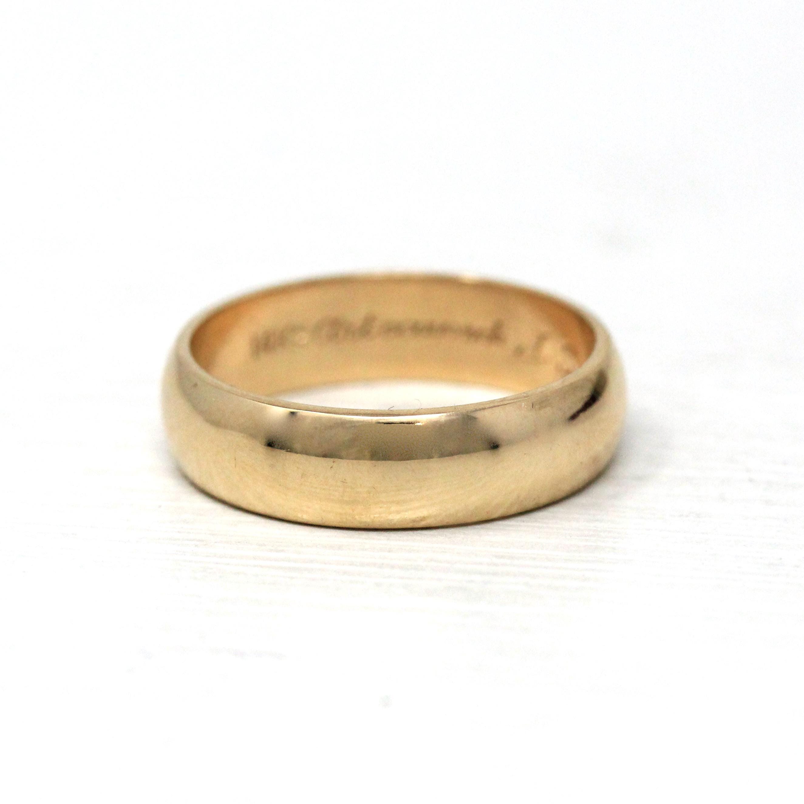 Vintage Wedding Band - Retro 14k Yellow Gold Engraved "JSB to BM" Bridal Ring - Size 8 1/2 Men's Unisex Fine Art Carved JR Wood Jewelry