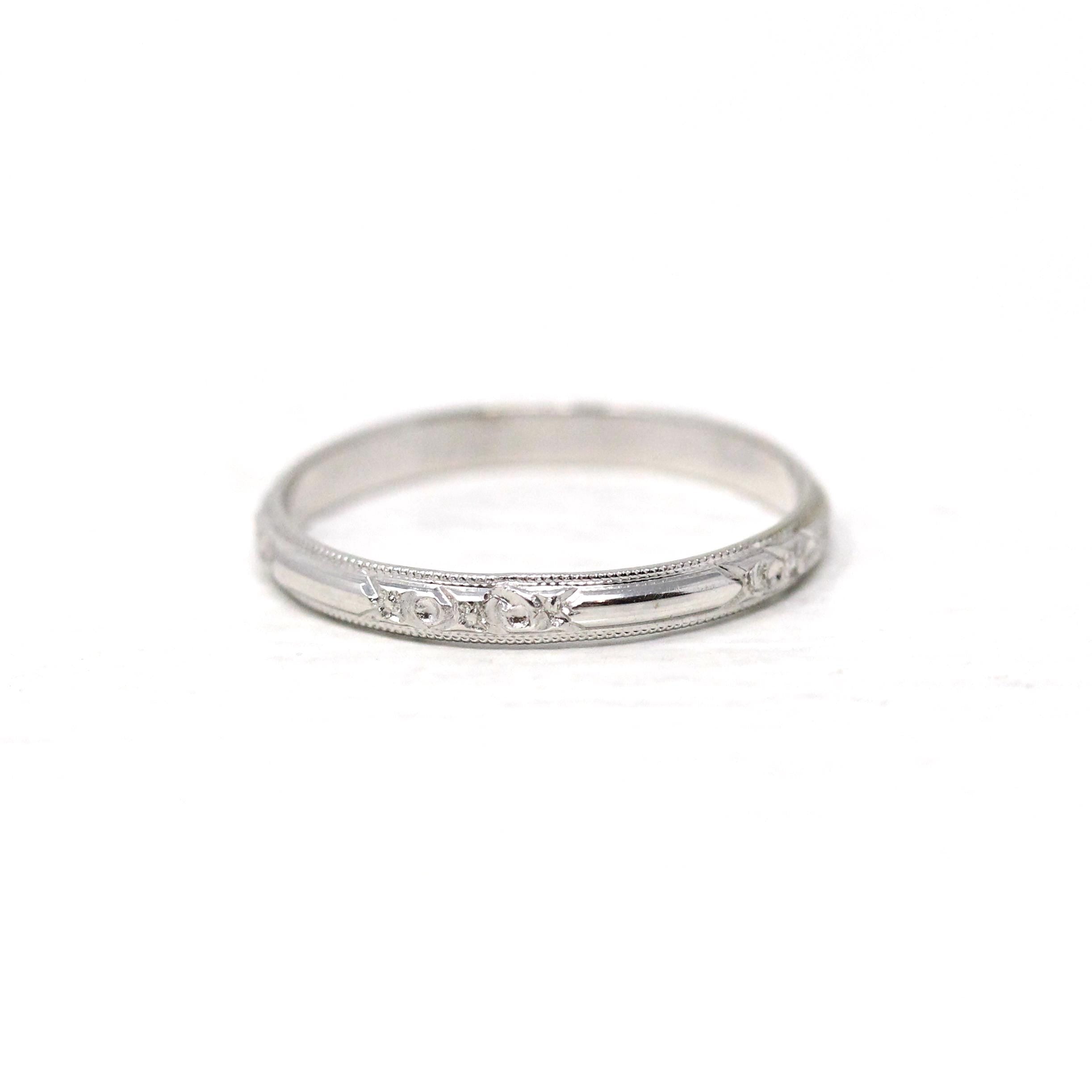 Antique Wedding Band - Retro 14k White Gold 2.07 MM Stationed Floral Design Ring - Circa 1940s Size 4 3/4 Stacking Bridal Fine 40s Jewelry