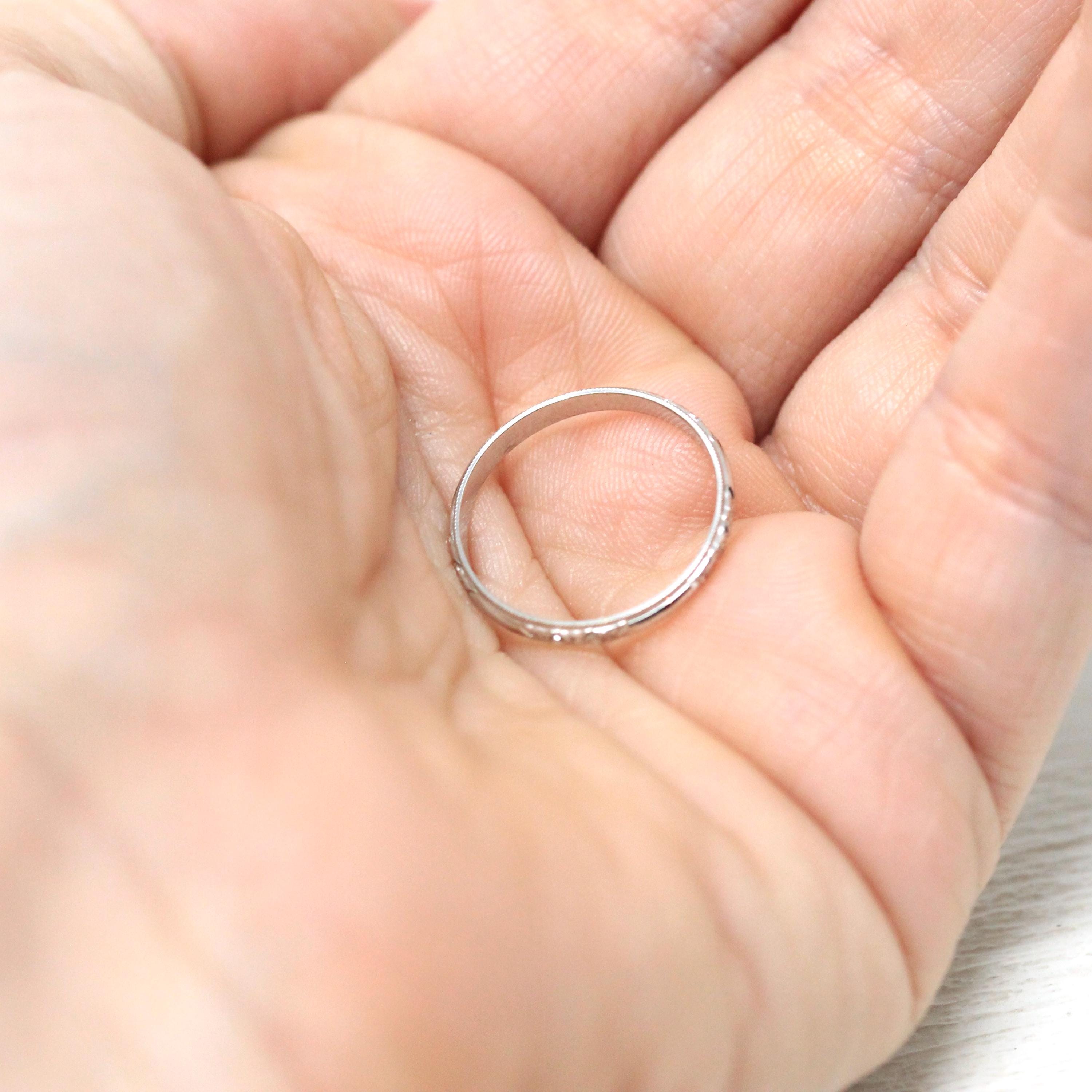 Antique Wedding Band - Retro 14k White Gold 2.07 MM Stationed Floral Design Ring - Circa 1940s Size 4 3/4 Stacking Bridal Fine 40s Jewelry