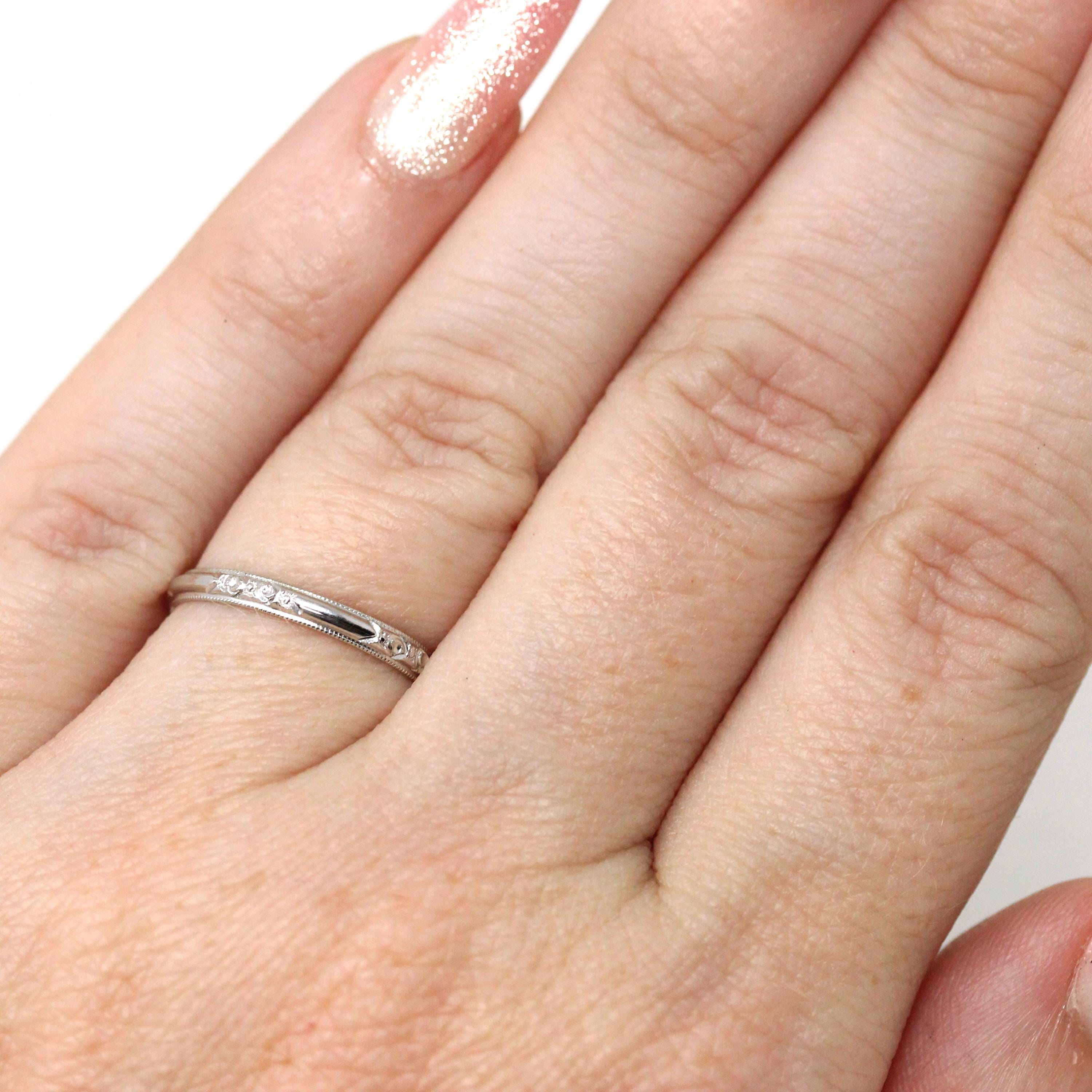 Antique Wedding Band - Retro 14k White Gold 2.07 MM Stationed Floral Design Ring - Circa 1940s Size 4 3/4 Stacking Bridal Fine 40s Jewelry