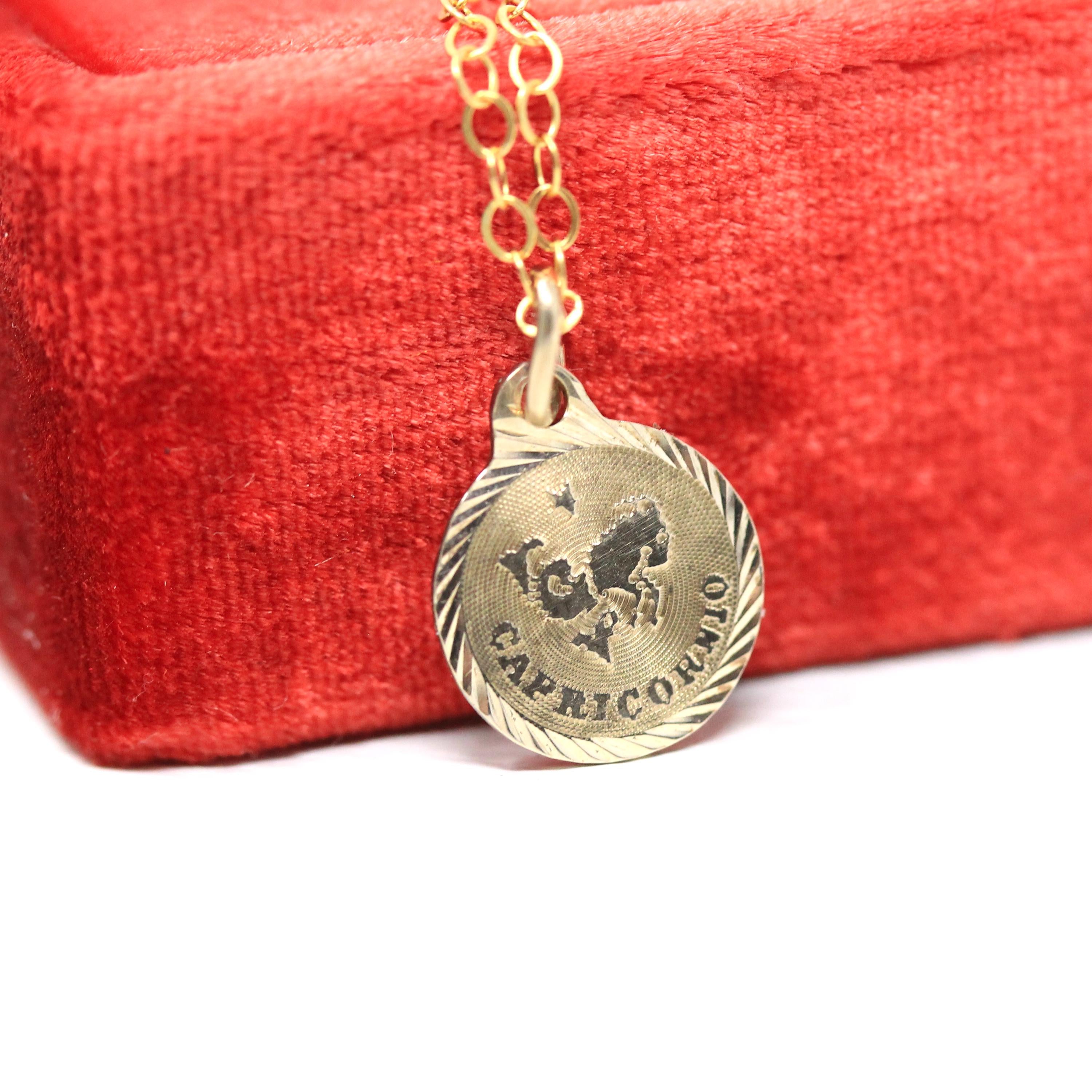 Vintage Capricorn Charm - Retro 14k Yellow Gold Sea Goat Astrological Sign Necklace Pendant - Circa 1970s Era Zodiac Earth Element Jewelry