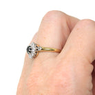 Vintage Halo Ring - Art Deco 18k Yellow & White Gold Natural Blue Sapphire Diamond Halo - Circa 1930s Size 7 Flower Engagement Fine Jewelry