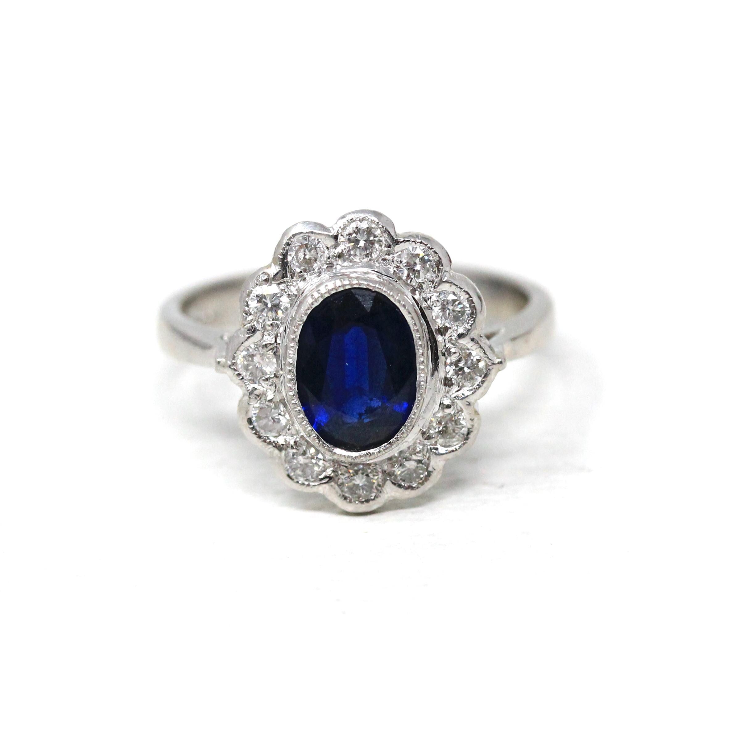 Sapphire & Diamond Ring - Estate Platinum Natural 1.20 CT Blue Oval .36 CTW Halo - Modern 2000s Engagement Fine Flower Report Y2K Jewelry