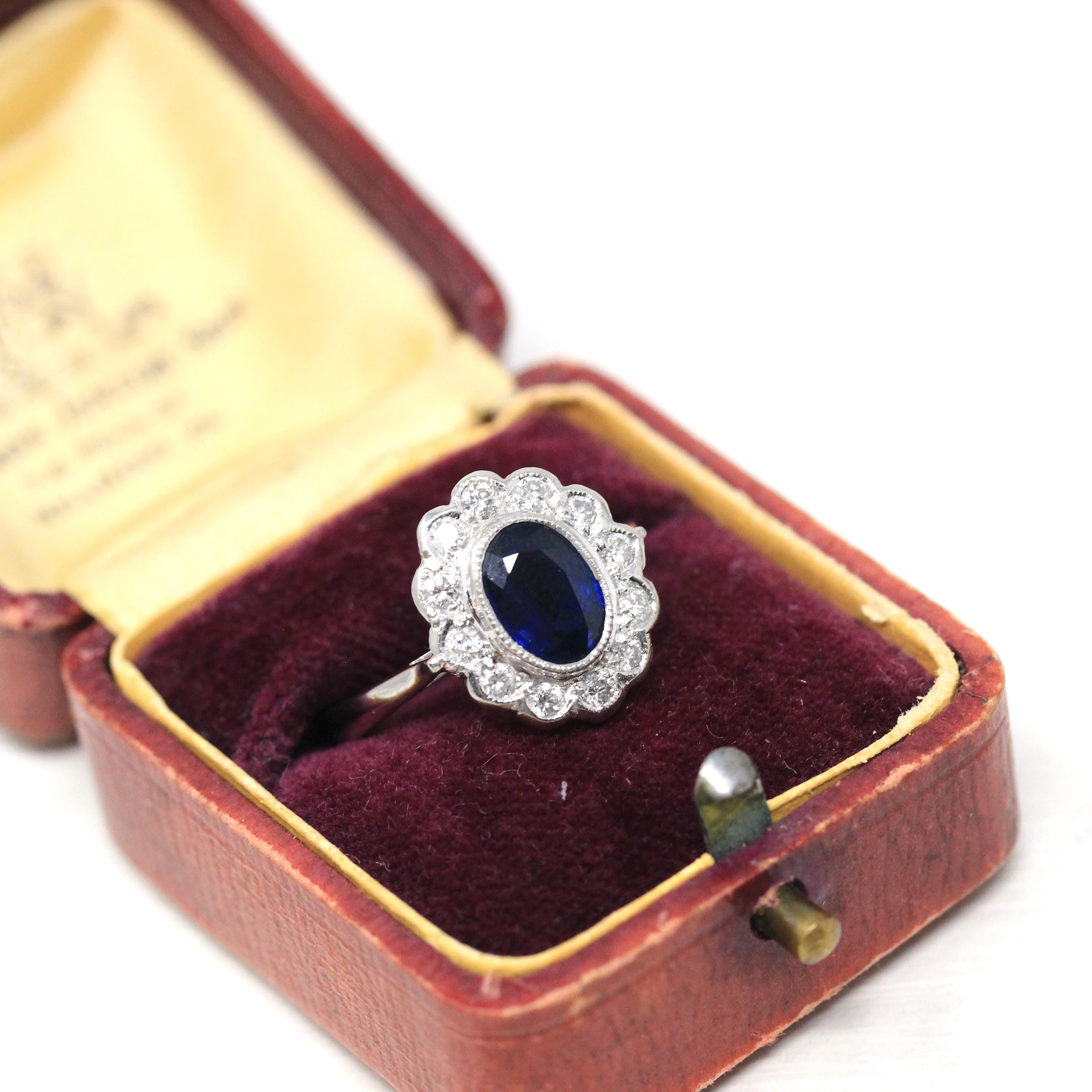 Sapphire & Diamond Ring - Estate Platinum Natural 1.20 CT Blue Oval .36 CTW Halo - Modern 2000s Engagement Fine Flower Report Y2K Jewelry