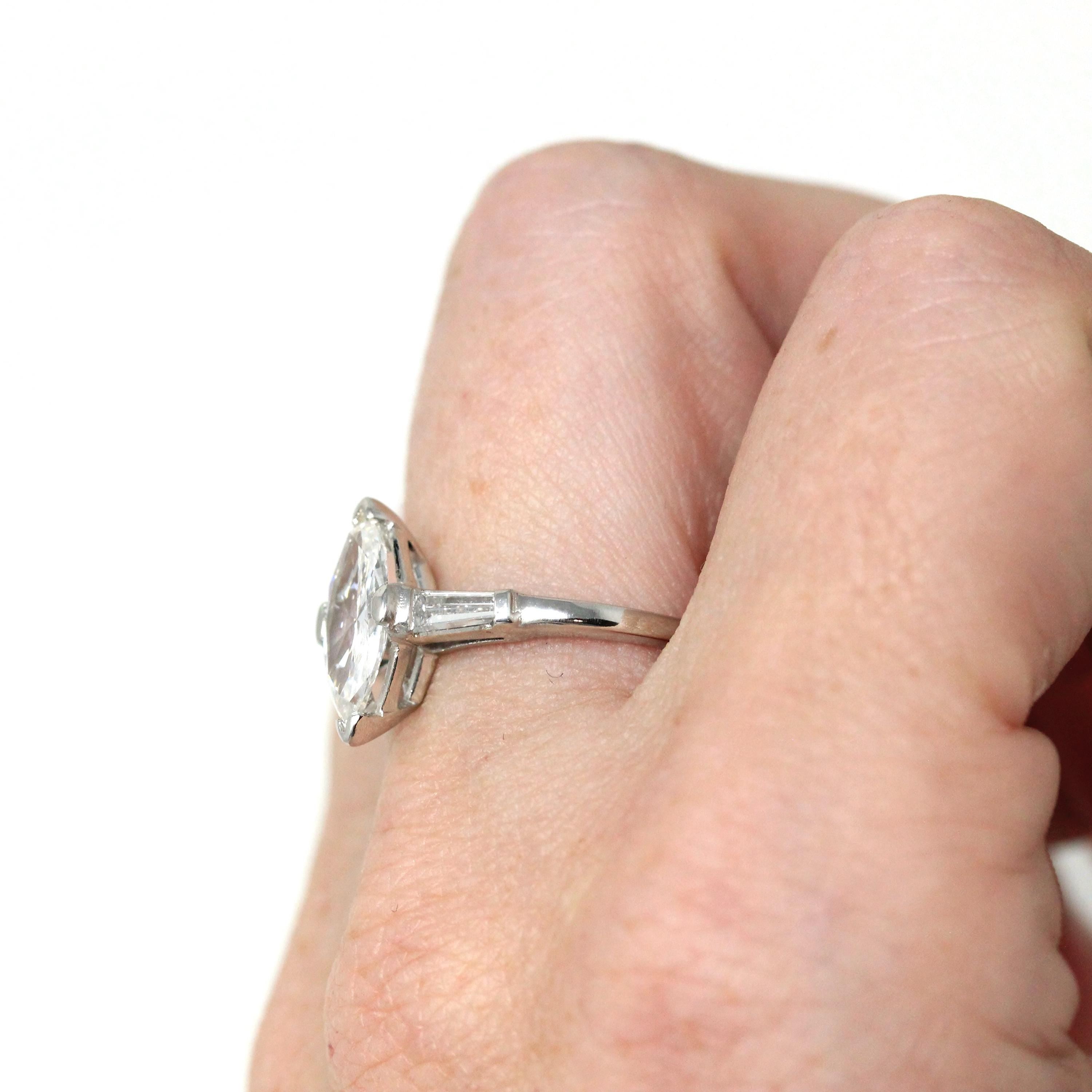 Marquise Engagement Ring - Vintage Platinum 1.26 CTW Natural Diamond - Circa 60s Size 8 Three Stone Baguettes Fine Bridal GIA Report Jewelry