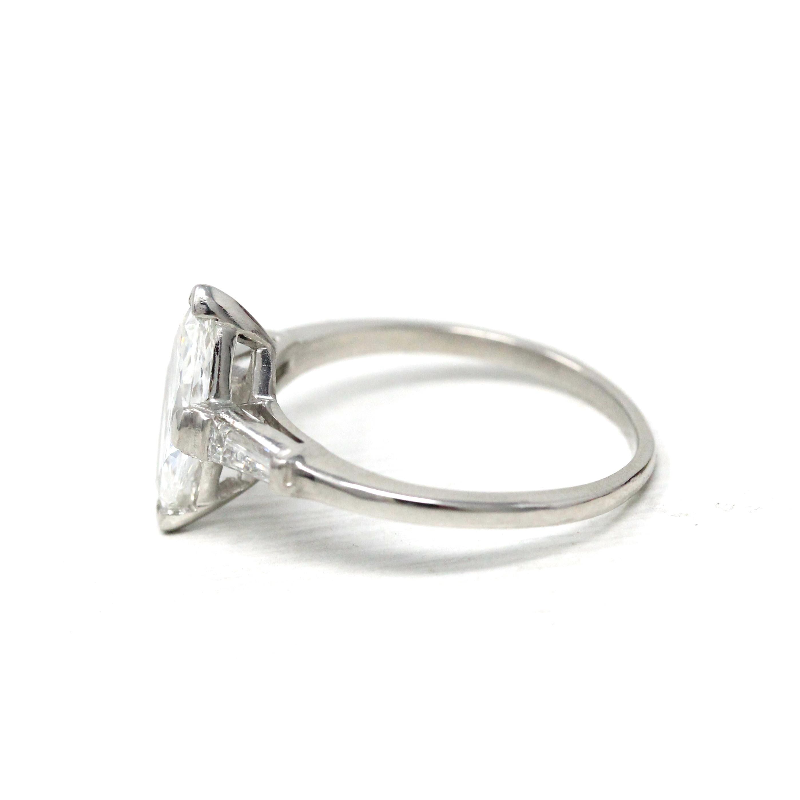 Marquise Engagement Ring - Vintage Platinum 1.26 CTW Natural Diamond - Circa 60s Size 8 Three Stone Baguettes Fine Bridal GIA Report Jewelry