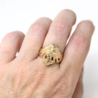 Estate Lion Ring - Modern 14k Yellow Gold Square Step Cut Natural Diamond Mouth - Circa 1990s Era Size 7 Statement Animal Big Cat Jewelry