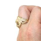 Estate Lion Ring - Modern 14k Yellow Gold Square Step Cut Natural Diamond Mouth - Circa 1990s Era Size 7 Statement Animal Big Cat Jewelry