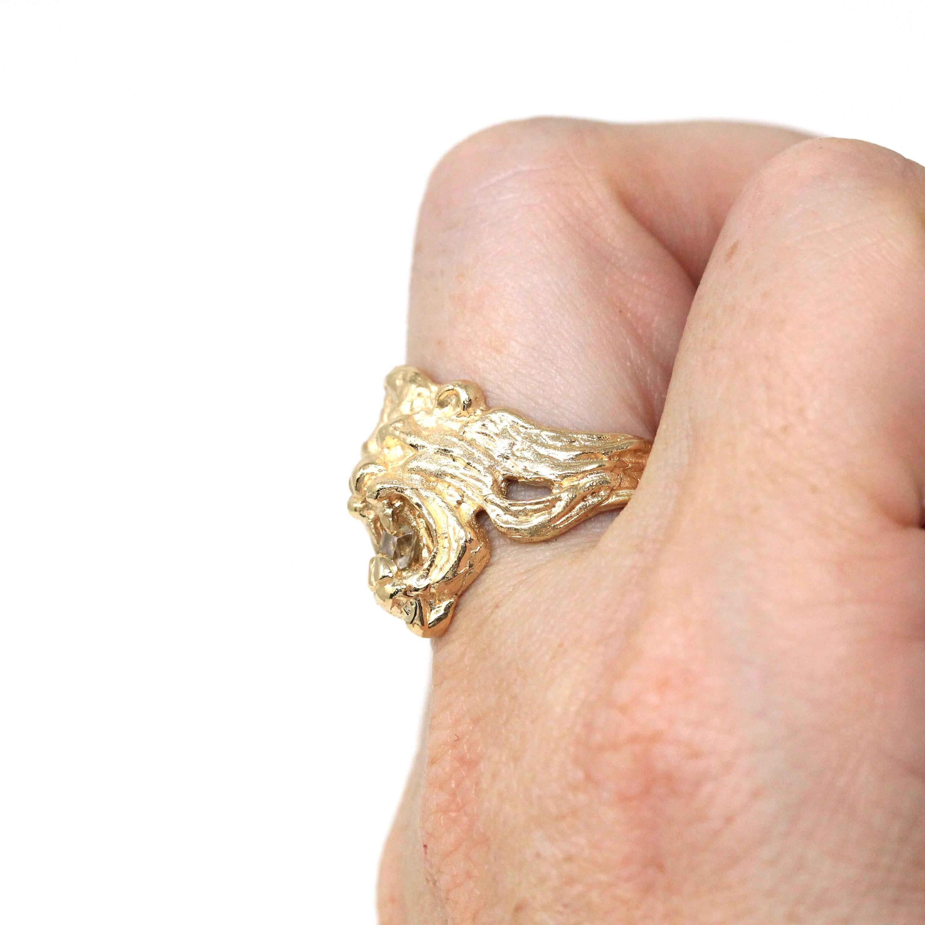 Estate Lion Ring - Modern 14k Yellow Gold Square Step Cut Natural Diamond Mouth - Circa 1990s Era Size 7 Statement Animal Big Cat Jewelry