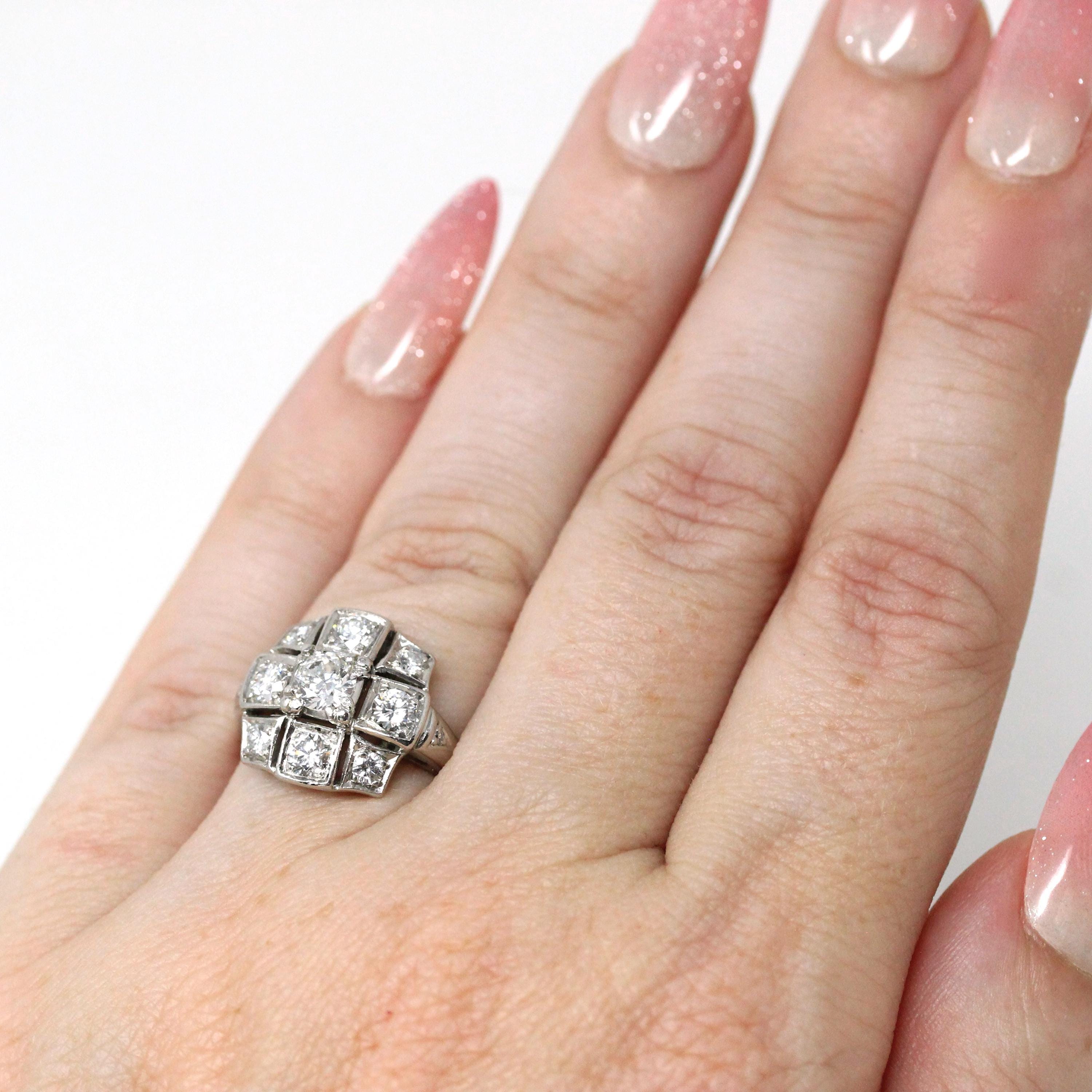 Vintage Diamond Ring - Mid Century Platinum .90 CTW Cluster Halo Engagement - Circa 50s Size 4 1/2 Fine Retro Era Bridal Band Report Jewelry