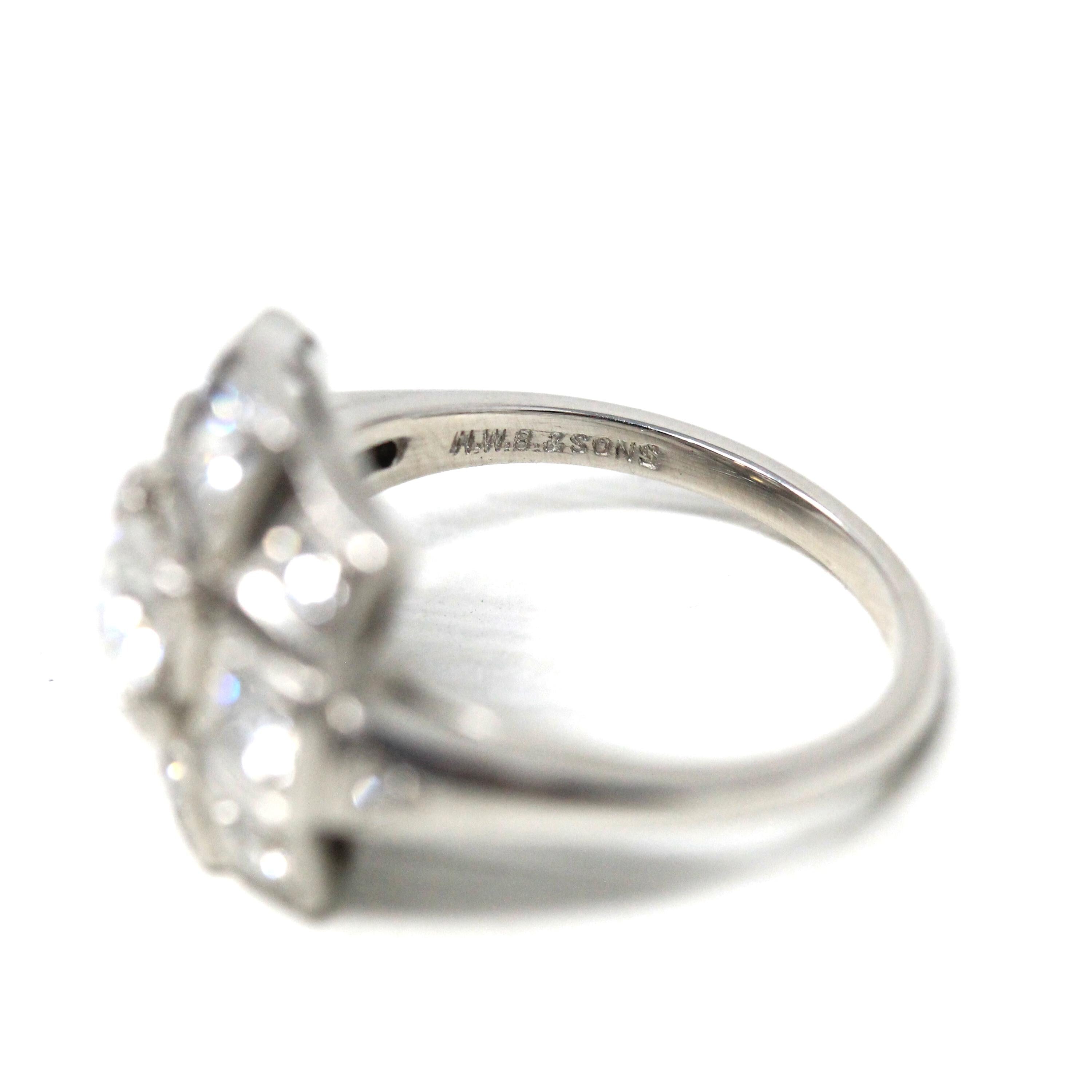 Vintage Diamond Ring - Mid Century Platinum .90 CTW Cluster Halo Engagement - Circa 50s Size 4 1/2 Fine Retro Era Bridal Band Report Jewelry