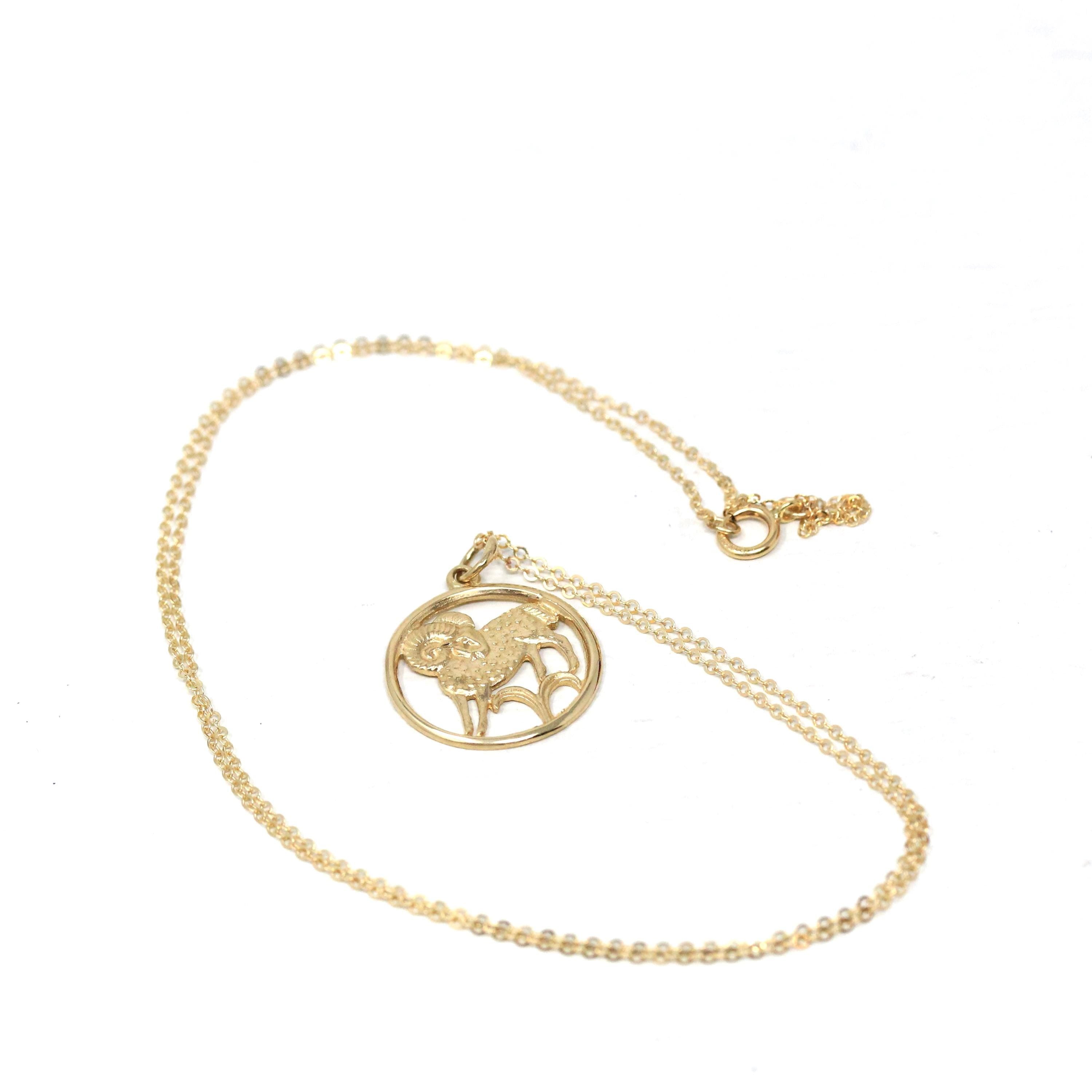Estate Aries Pendant - Modern 14k Yellow Gold Ram Astrological Sign Necklace Charm - Circa 1990s Zodiac Celestial Fire Element Fine Jewelry