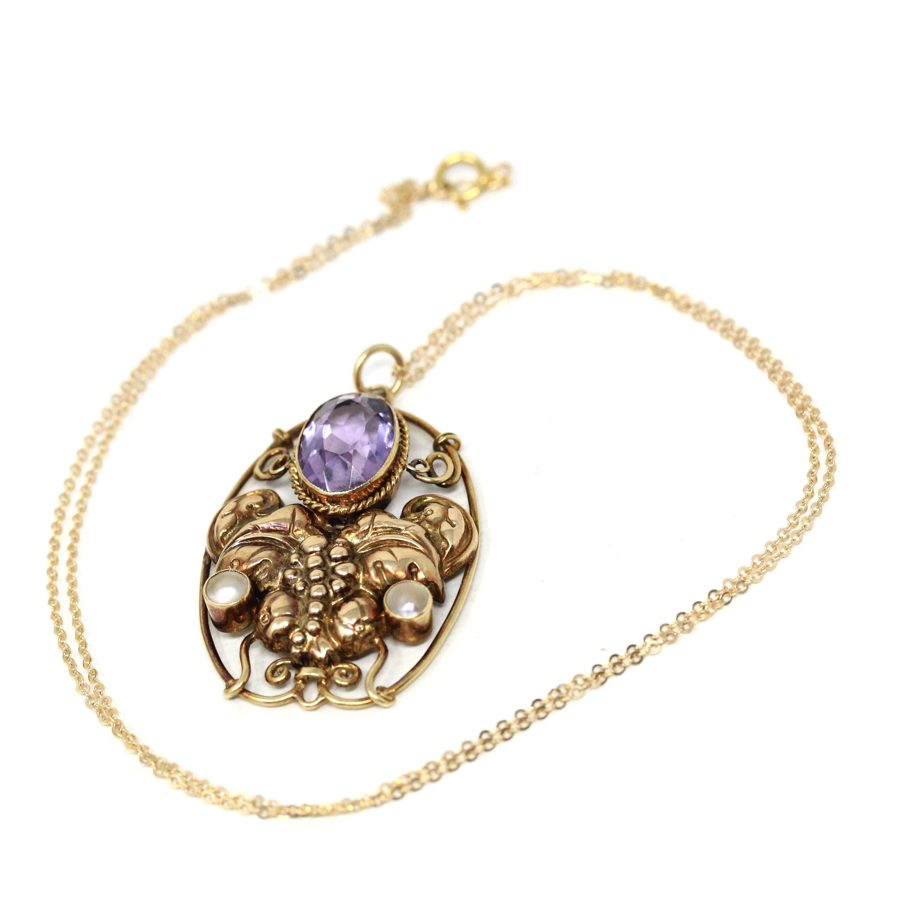 Genuine Amethyst Necklace - Victorian 14k Yellow Gold Cultured Pearls Grape Pendant - Antique Circa 1890s Era Fashion Accessory Fine Jewelry
