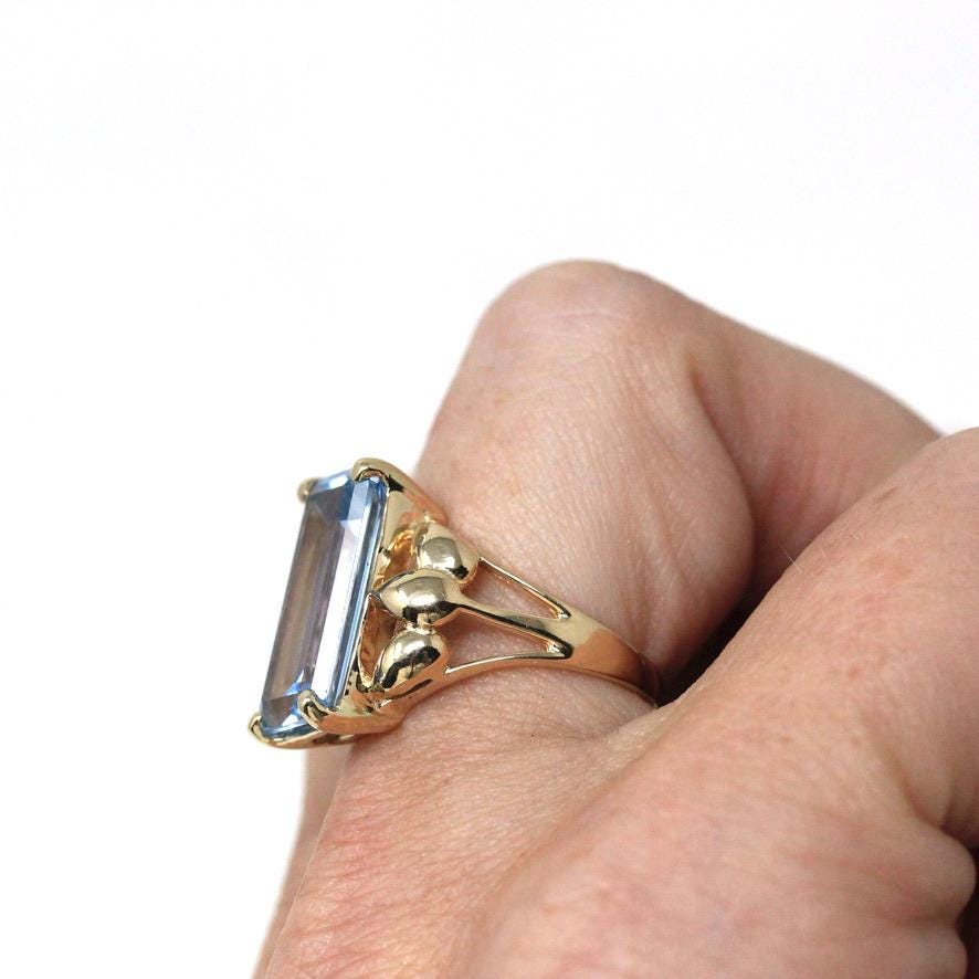 Retro Created Spinel Ring - Vintage 14k Yellow Gold Rectangular Emerald Cut Blue Gemstone - Circa 1960s Era Size 5 1/4 Leaf Fine 60s Jewelry
