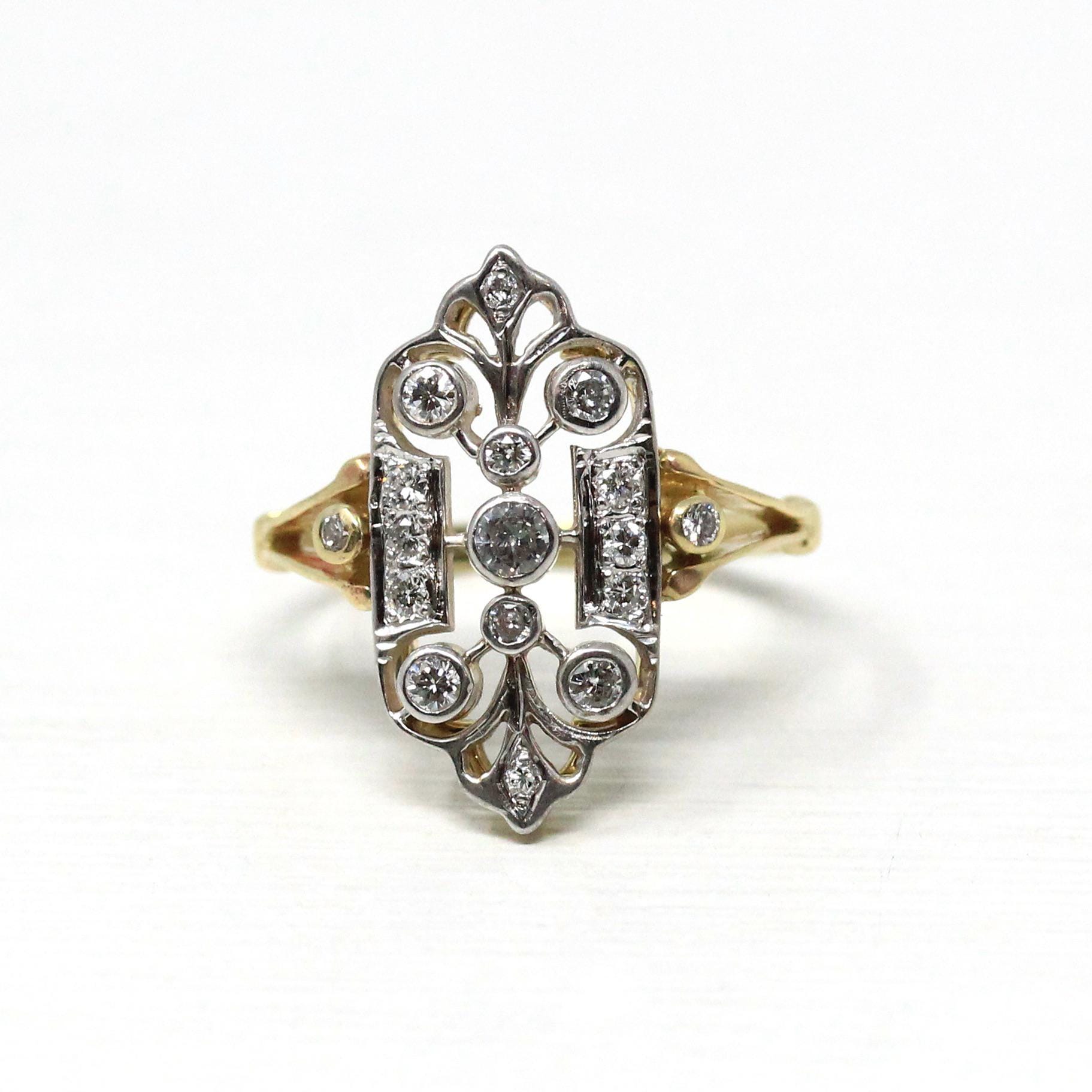 Diamond Shield Ring - Estate 14k Yellow & White Gold Genuine Gemstones Art Nouveau Style - Modern Size 8 Vintage Inspired Two Tone Jewelry