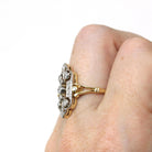 Diamond Shield Ring - Estate 14k Yellow & White Gold Genuine Gemstones Art Nouveau Style - Modern Size 8 Vintage Inspired Two Tone Jewelry