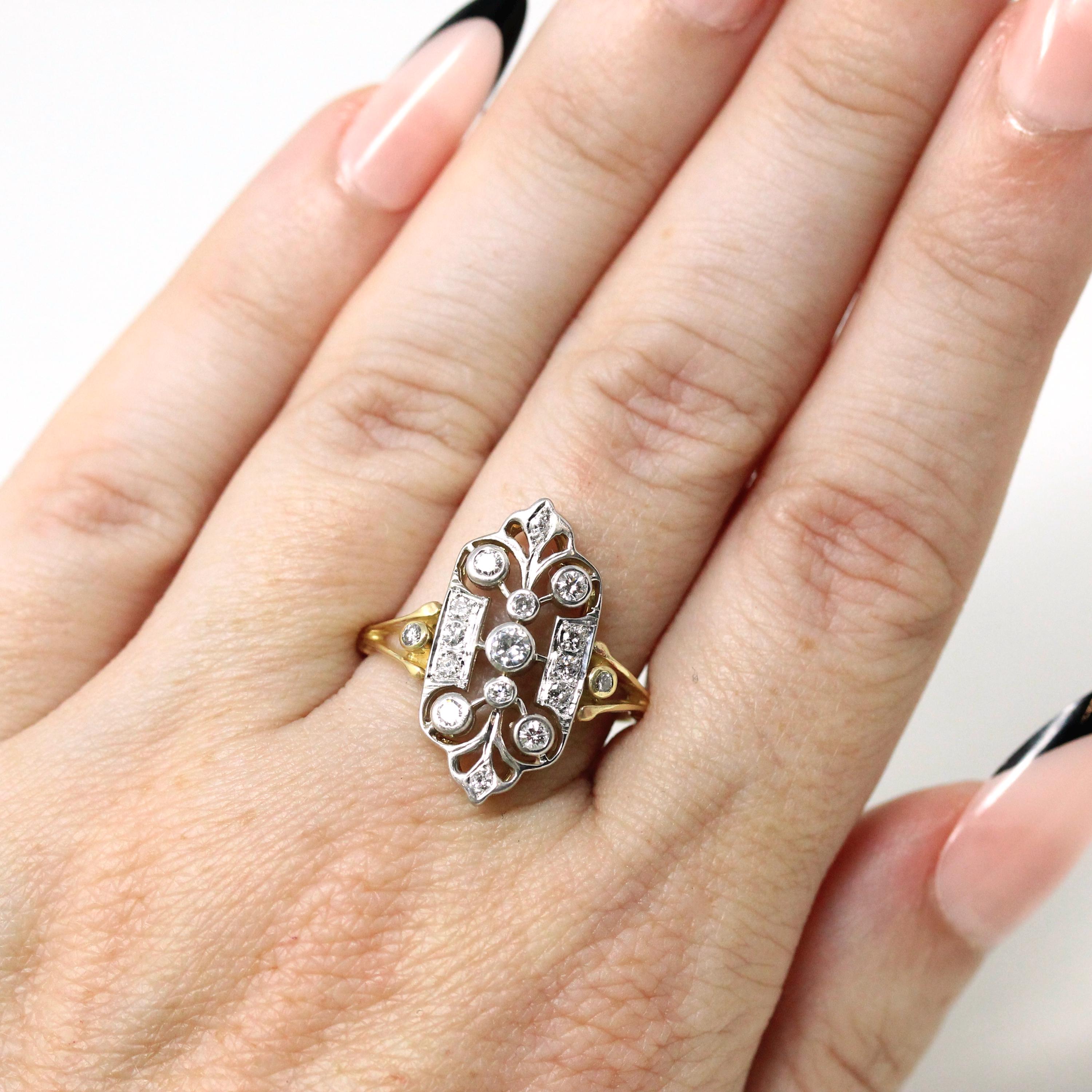 Diamond Shield Ring - Estate 14k Yellow & White Gold Genuine Gemstones Art Nouveau Style - Modern Size 8 Vintage Inspired Two Tone Jewelry