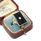 Onyx & Diamond Ring - Art Deco 14k White Gold Carved Black Gem Rectangle Filigree - Vintage Circa 1930s Sz 3.5 Fine Engraved Signet Jewelry
