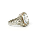 Natural Aquamarine Ring - Art Deco 14k White Gold Emerald Cut Blue Gemstone - Vintage Circa 1930s Era Size 6 Flower Filigree Fine Jewelry