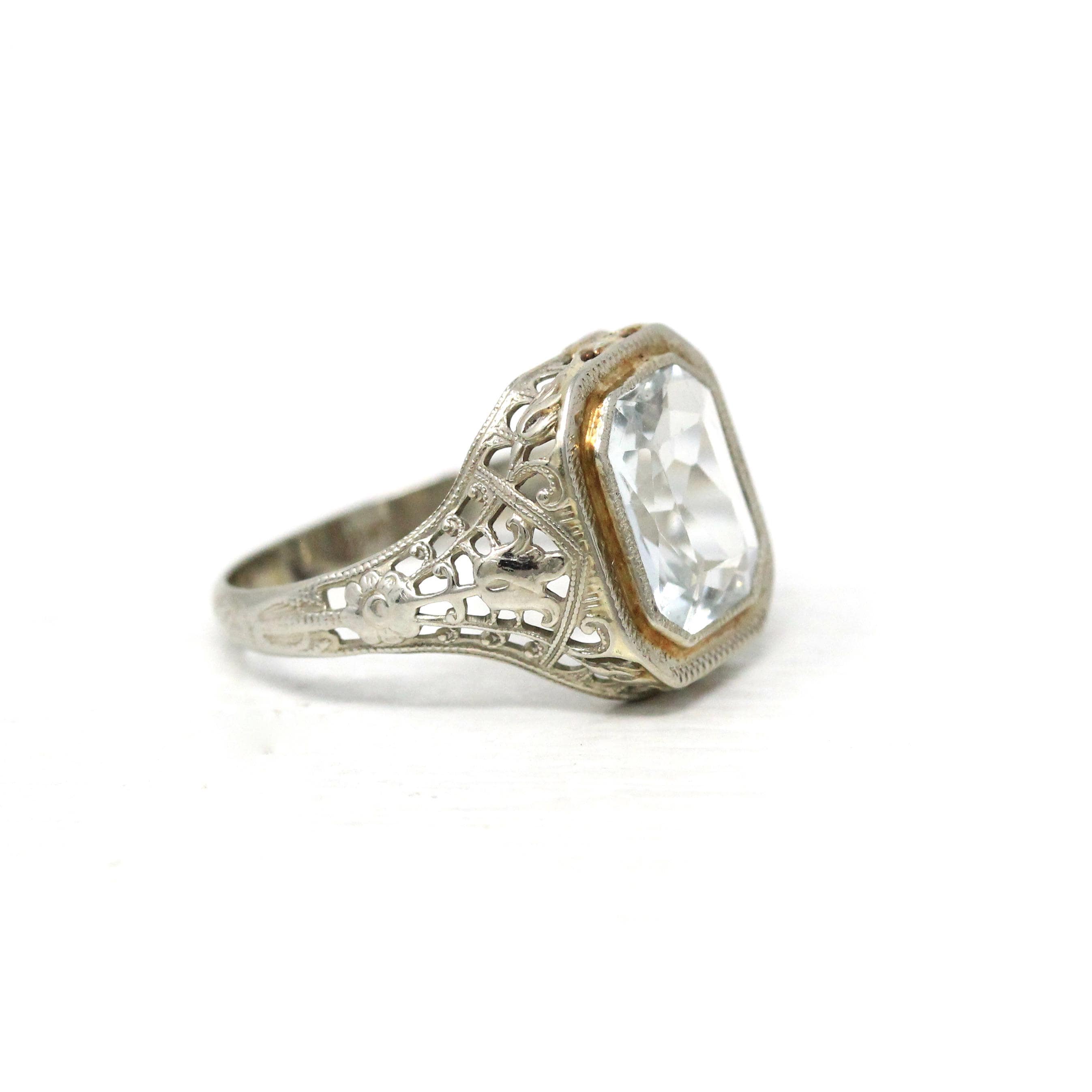 Natural Aquamarine Ring - Art Deco 14k White Gold Emerald Cut Blue Gemstone - Vintage Circa 1930s Era Size 6 Flower Filigree Fine Jewelry