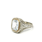 Natural Aquamarine Ring - Art Deco 14k White Gold Emerald Cut Blue Gemstone - Vintage Circa 1930s Era Size 6 Flower Filigree Fine Jewelry