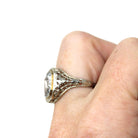 Natural Aquamarine Ring - Art Deco 14k White Gold Emerald Cut Blue Gemstone - Vintage Circa 1930s Era Size 6 Flower Filigree Fine Jewelry