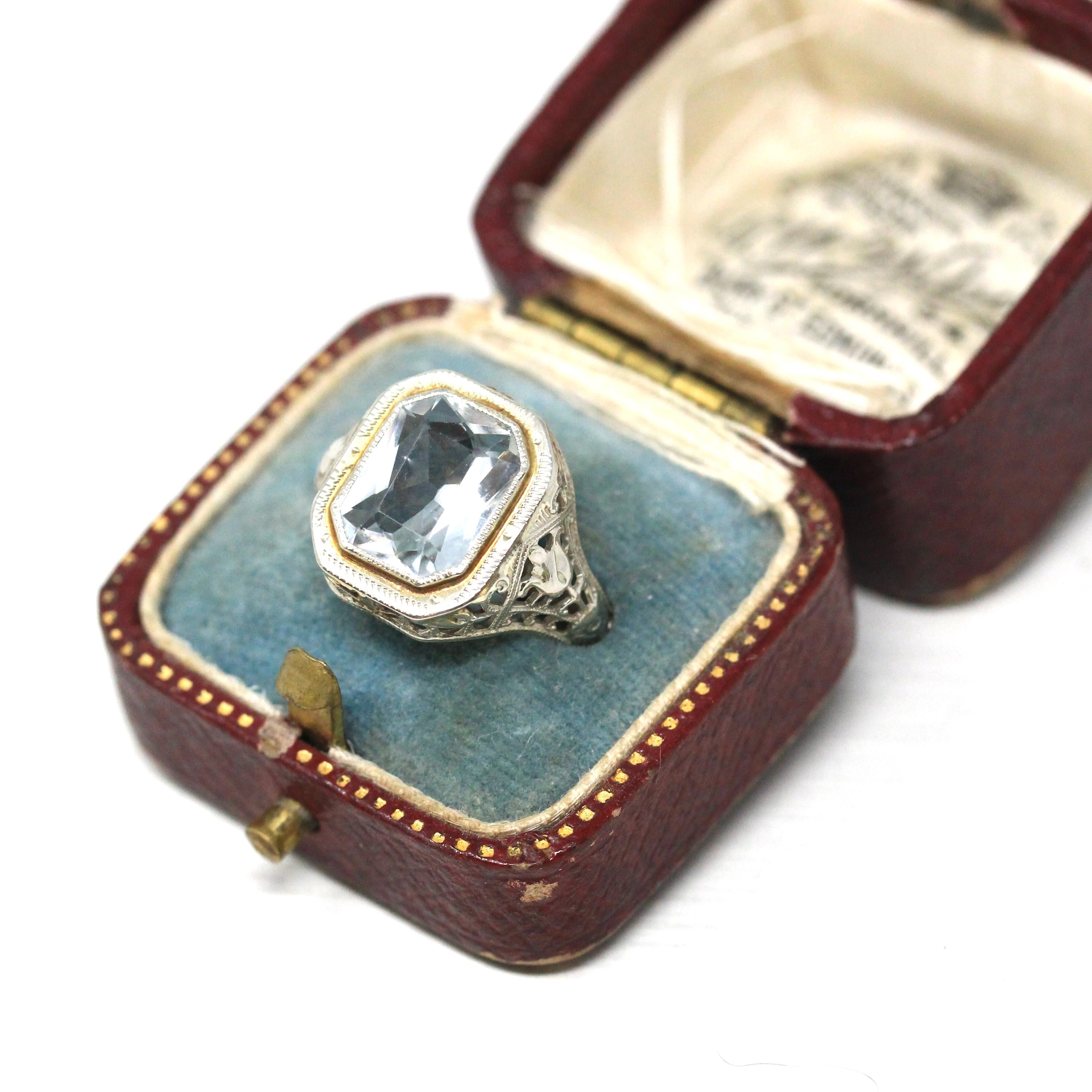 Natural Aquamarine Ring - Art Deco 14k White Gold Emerald Cut Blue Gemstone - Vintage Circa 1930s Era Size 6 Flower Filigree Fine Jewelry