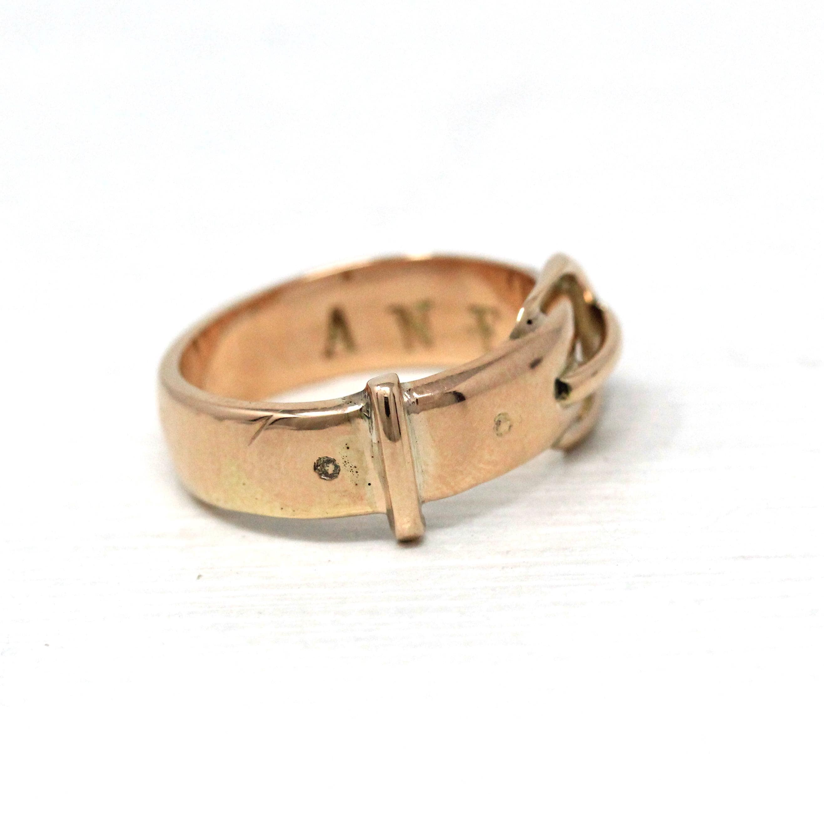 Antique Buckle Ring - Victorian 14k Rose Gold Belt Band Letters "ANF" Initials - Vintage Circa 1890s Era Size 5 1/2 Statement Fine Jewelry