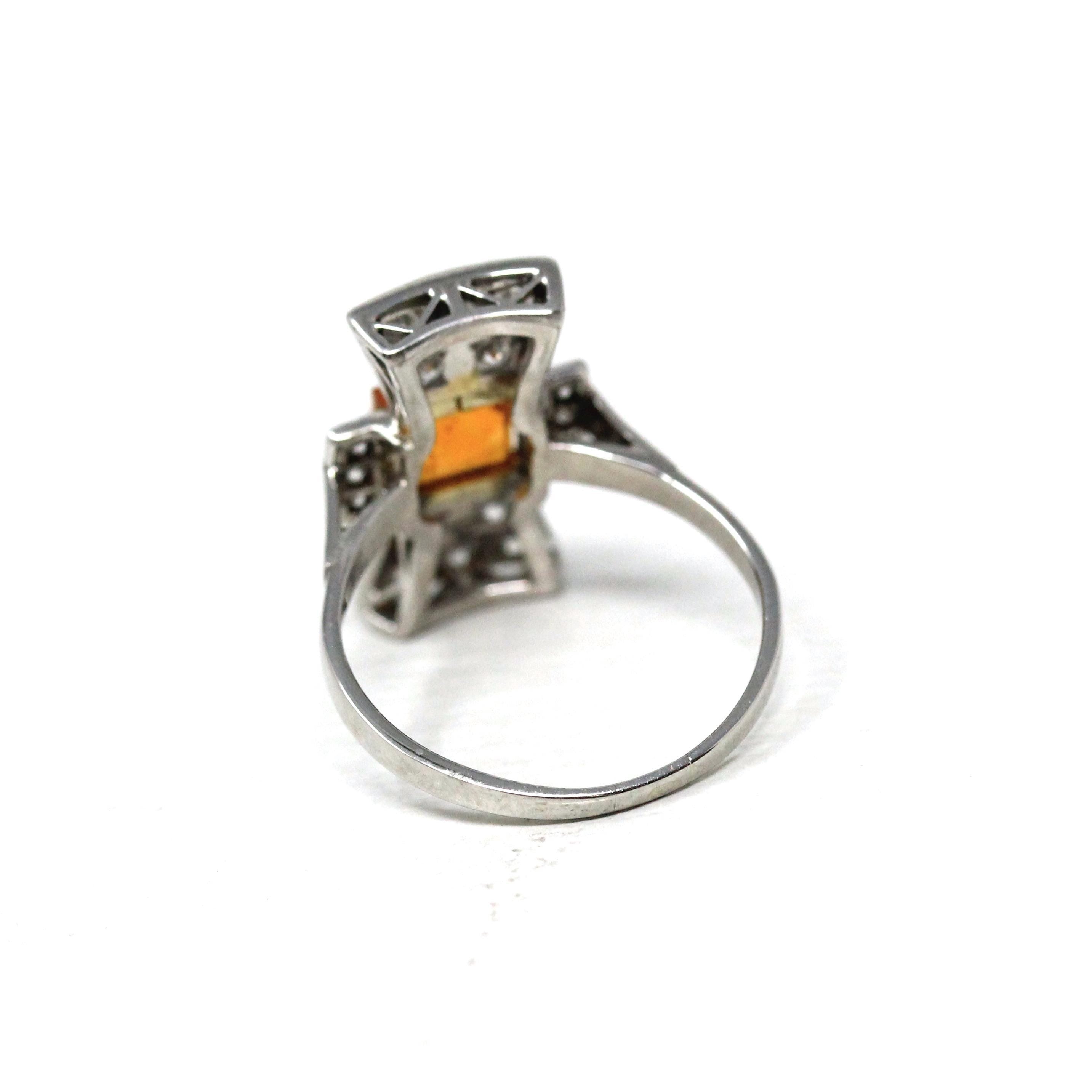 Orange Sapphire Ring - Vintage Estate Platinum Natural Orange Gem & Diamonds - 1950s Style Size 6 3/4 Fine Alternative Engagement Jewelry